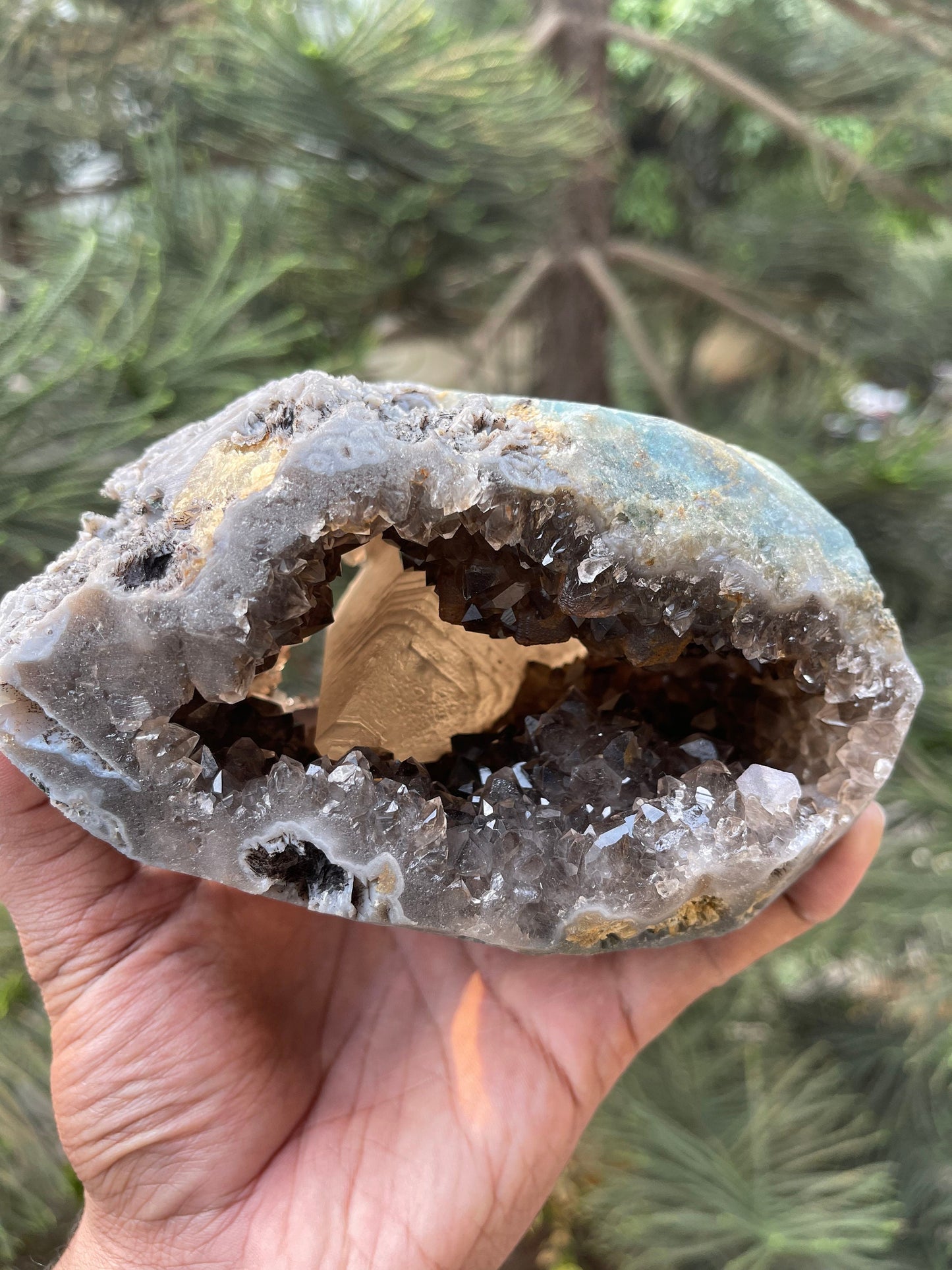 Rare formation of calcite crystal on amethyst natural specimen