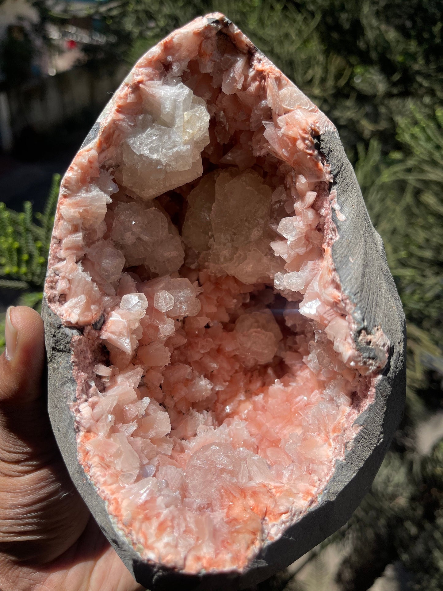 Orange heulandite with apophyllite inside geode