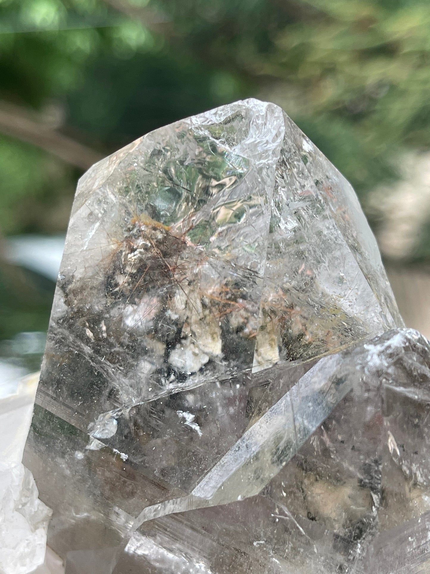 Twin clear cathedral Himalayan quartz with golden rutile