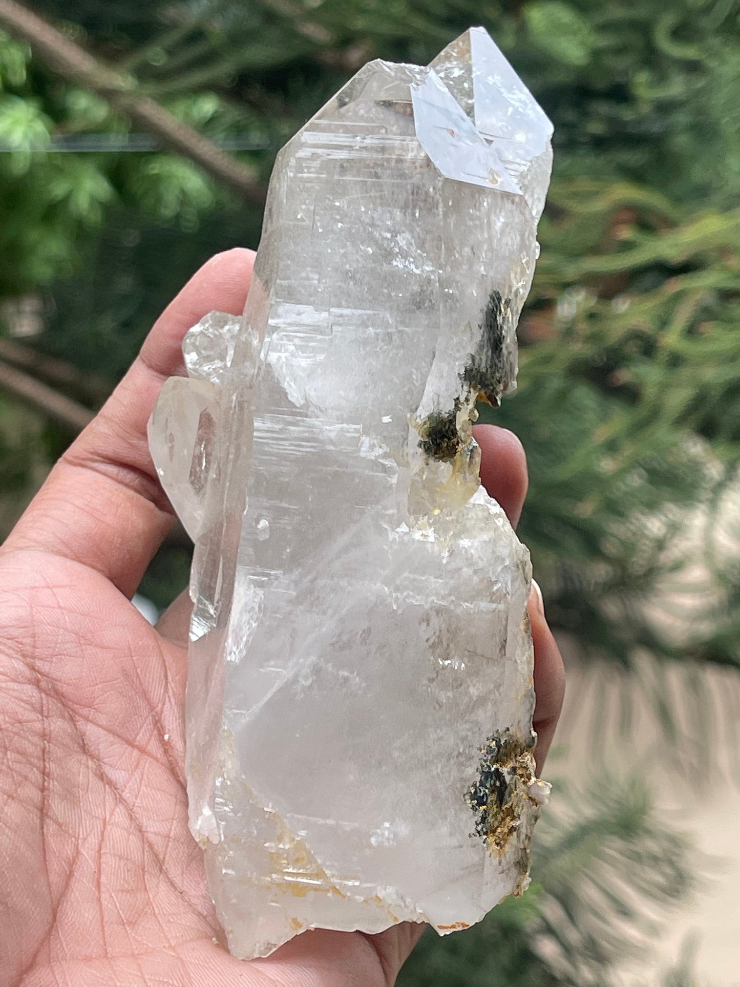 Twin clear cathedral Himalayan quartz with golden rutile