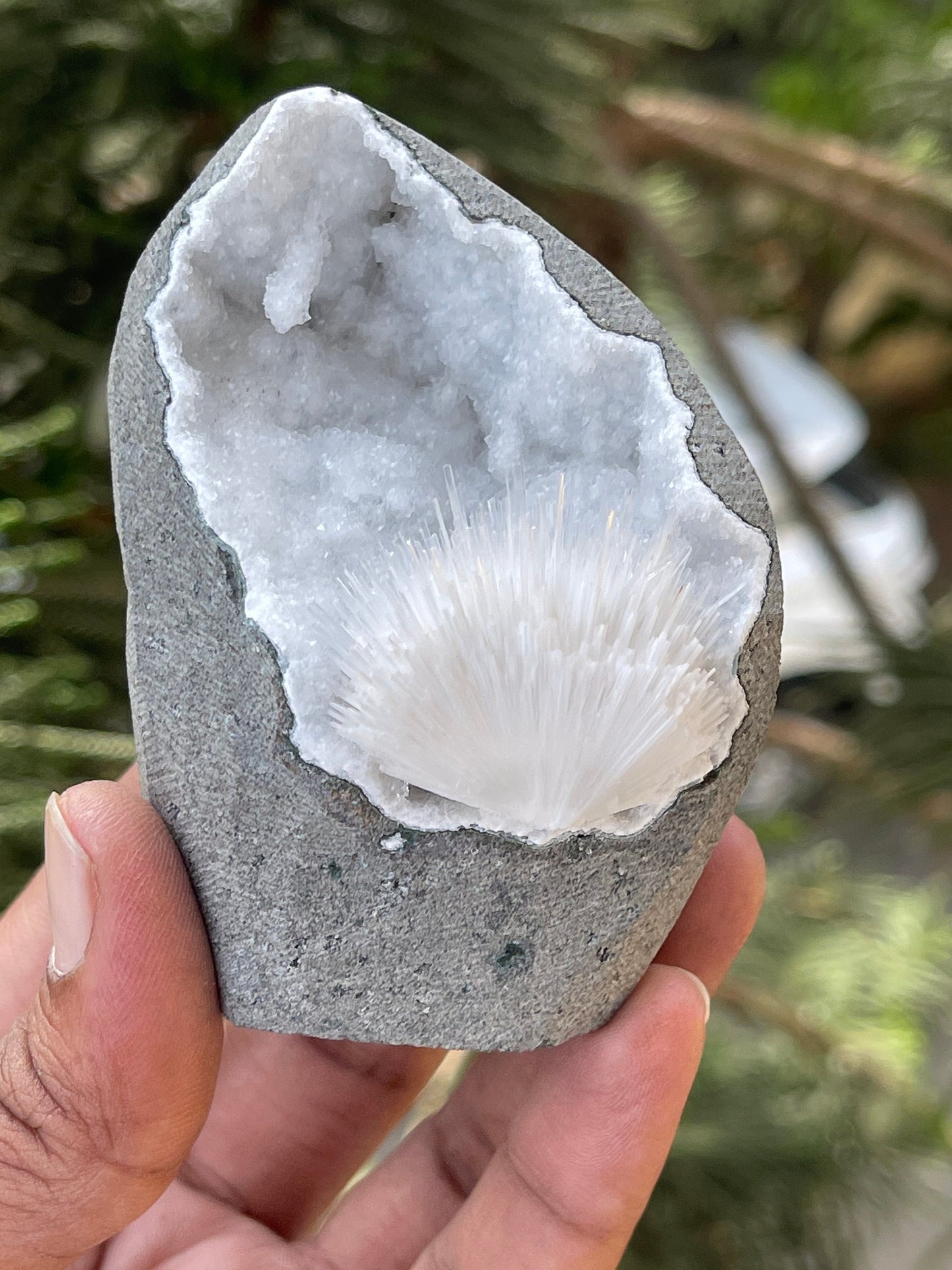 Scolecite flower inside quartz geode