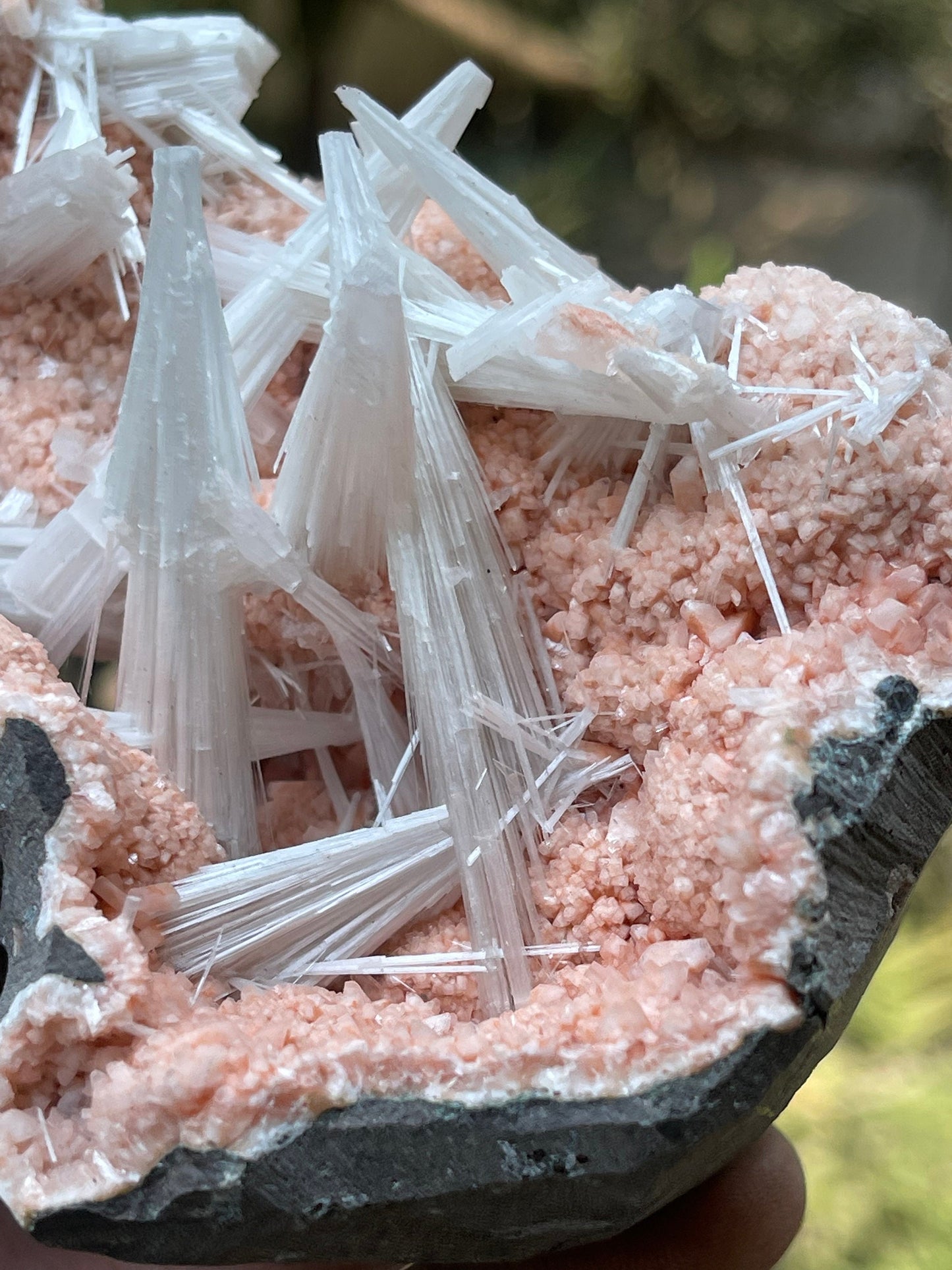 Multiple scolecite sprays on orange heulandite matrix natural specimen