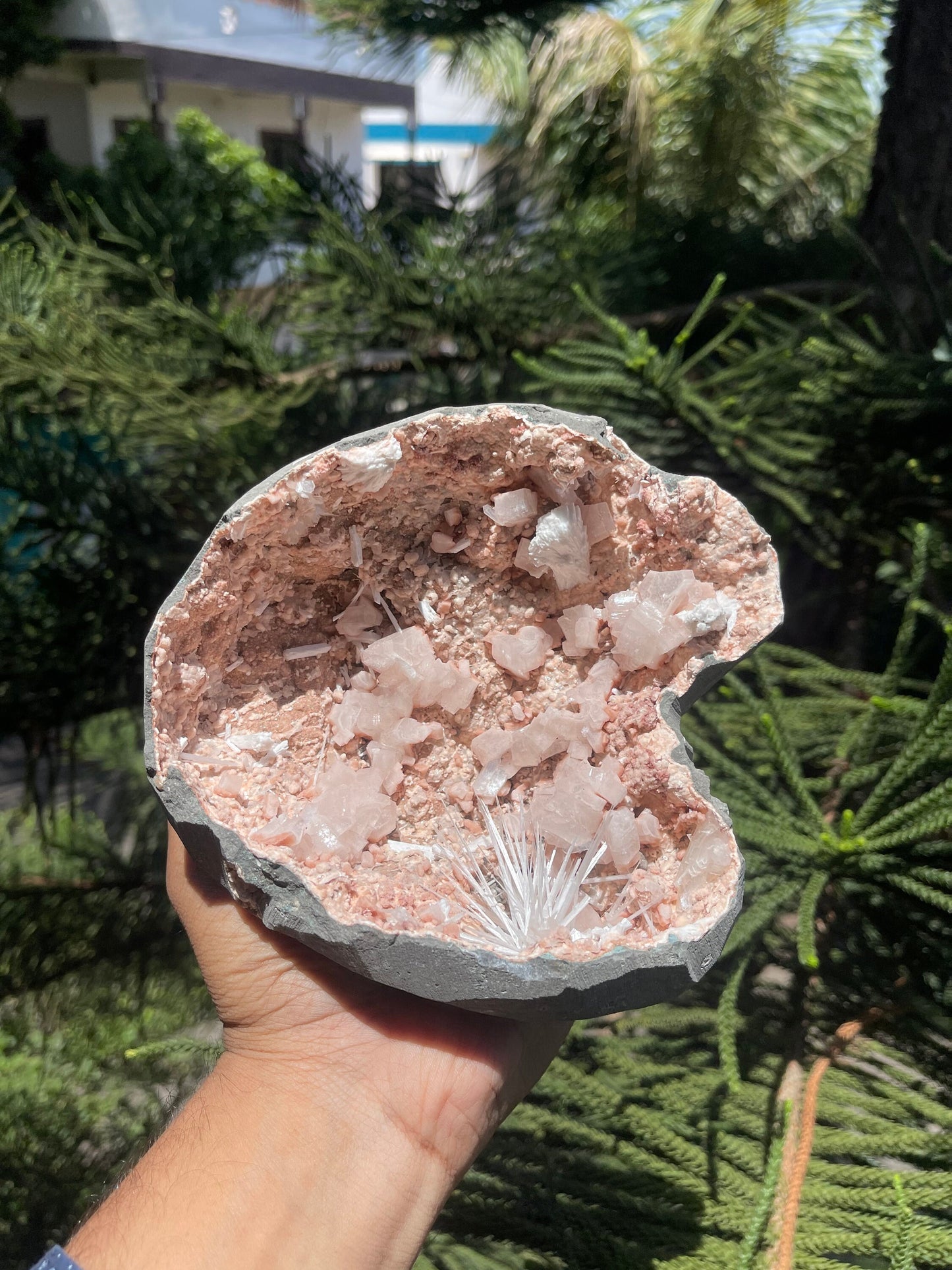 Scolecite spray inside orange heulandite geode
