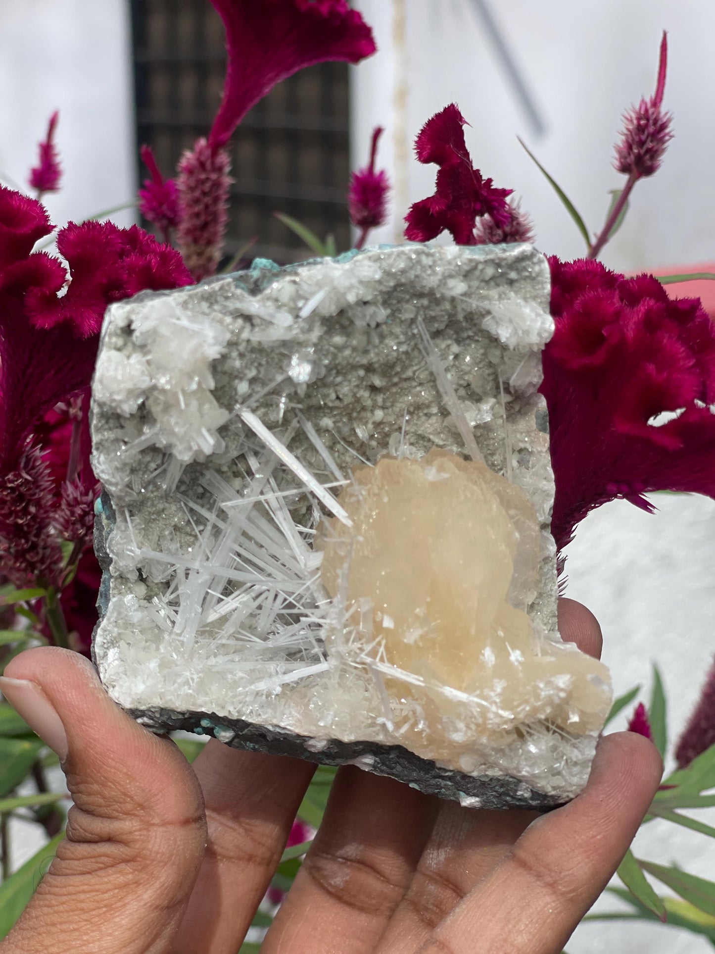 Exquisite Scolecite Sprays on Peach Stilbite with Heulandite Matrix