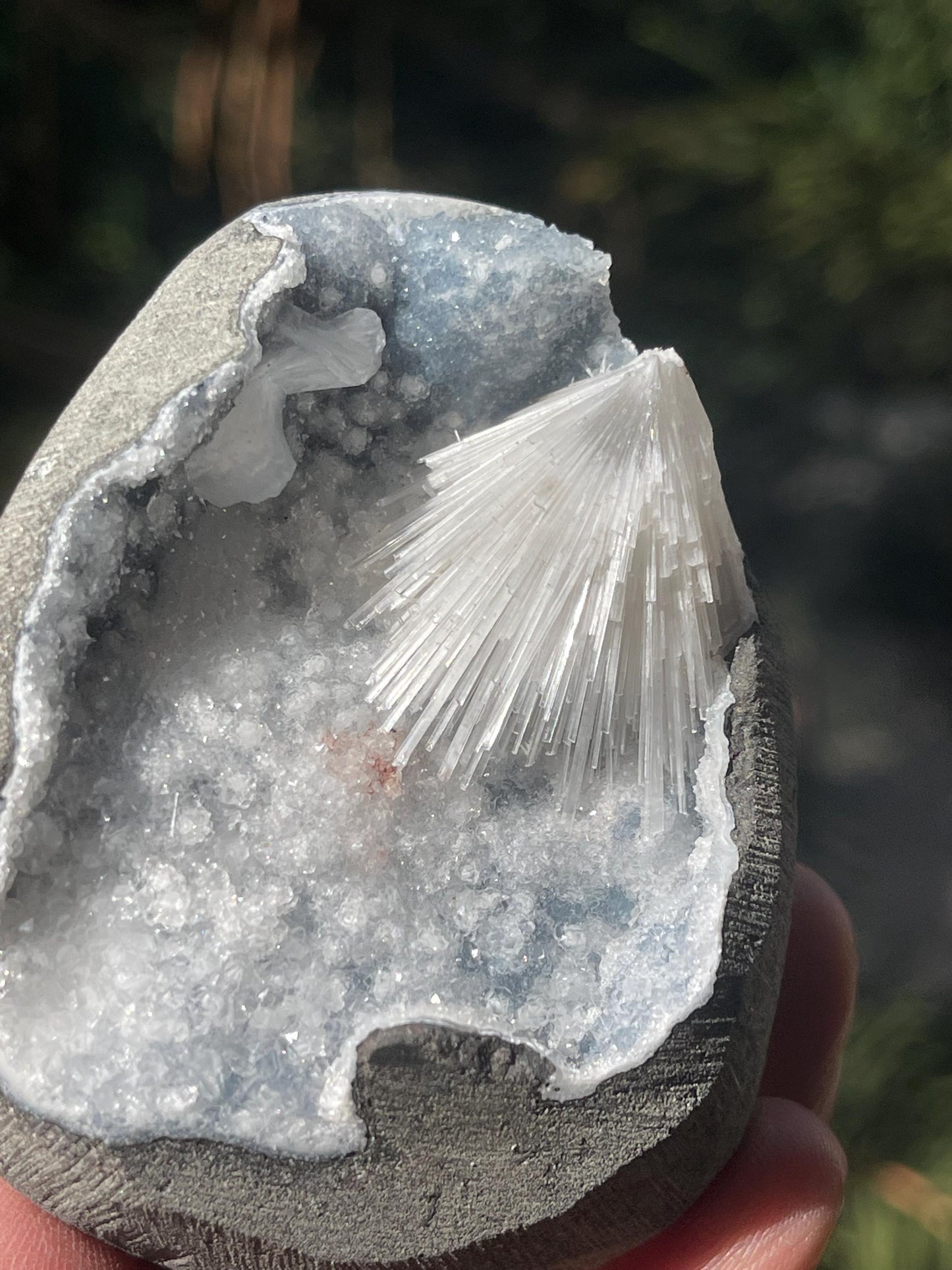 Scolecite flower on blue quartz