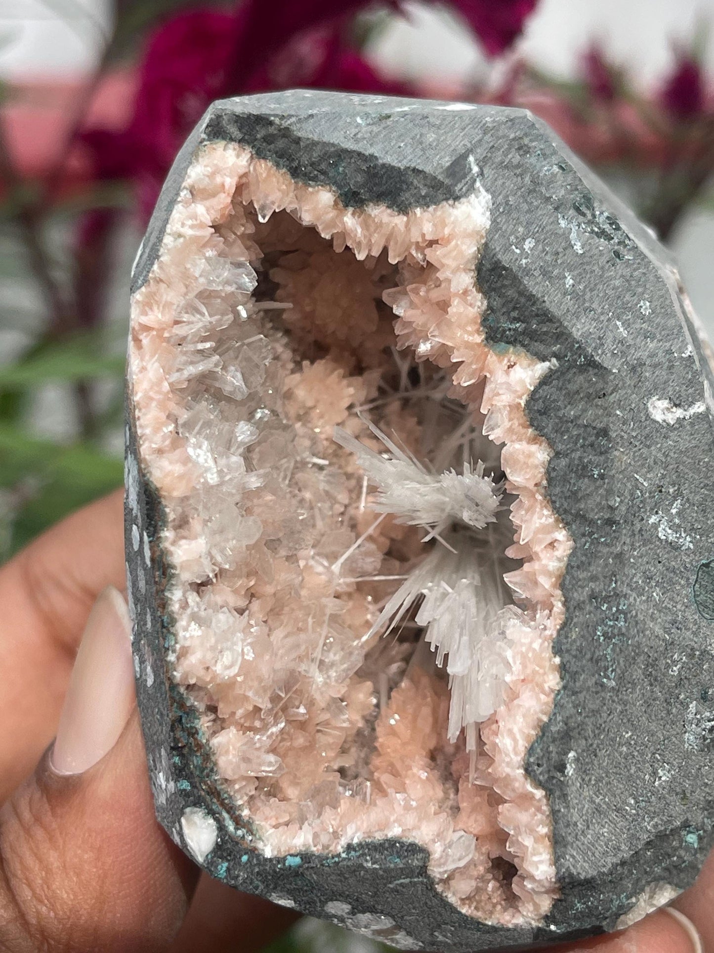 Scolecite spray inside glossy stilbite/heulandite geode