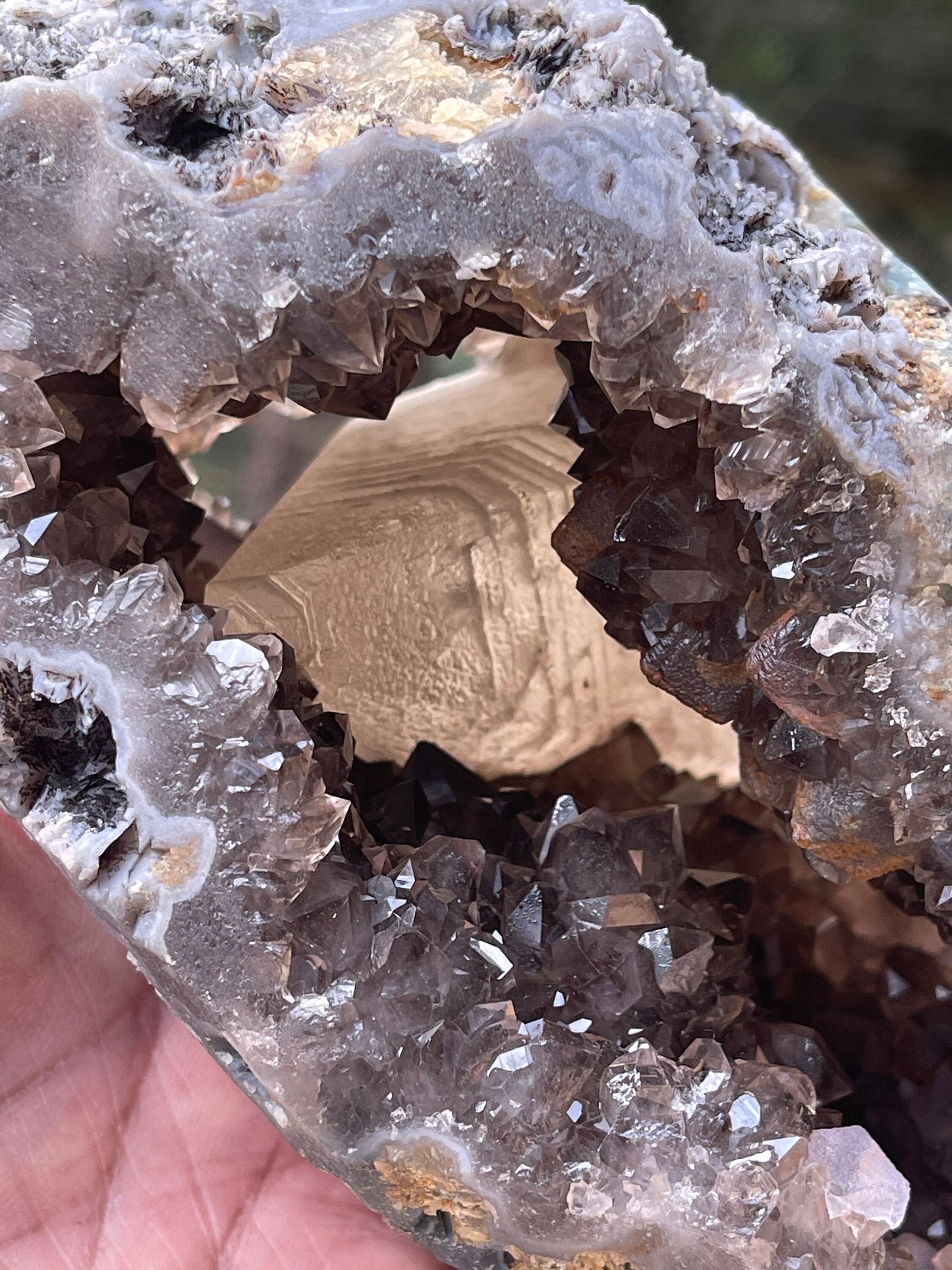 Rare formation of calcite crystal on amethyst natural specimen