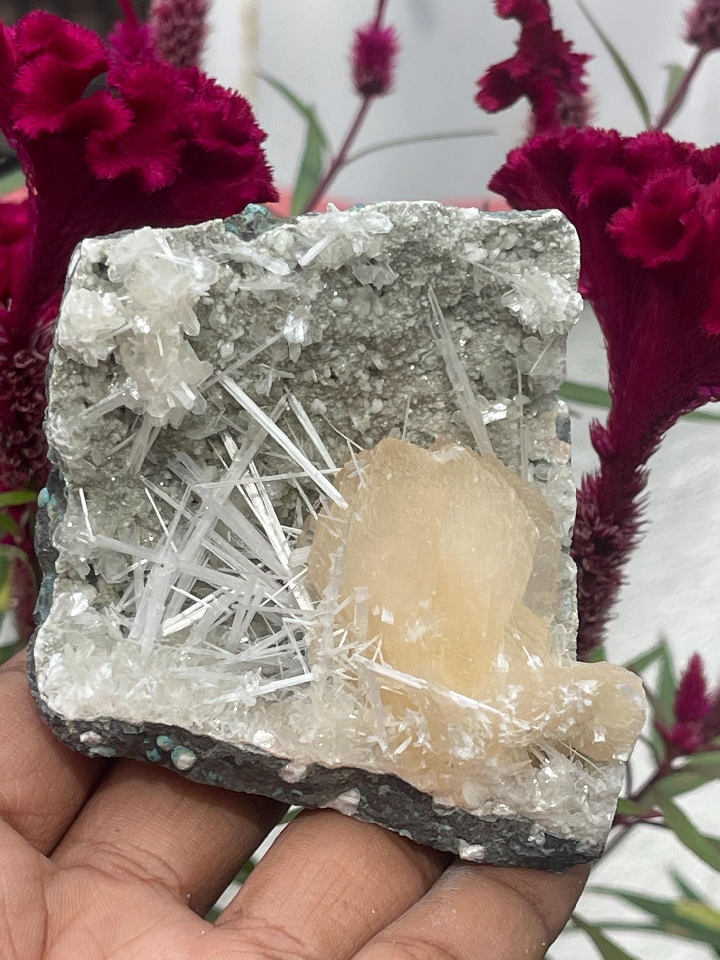 Exquisite Scolecite Sprays on Peach Stilbite with Heulandite Matrix