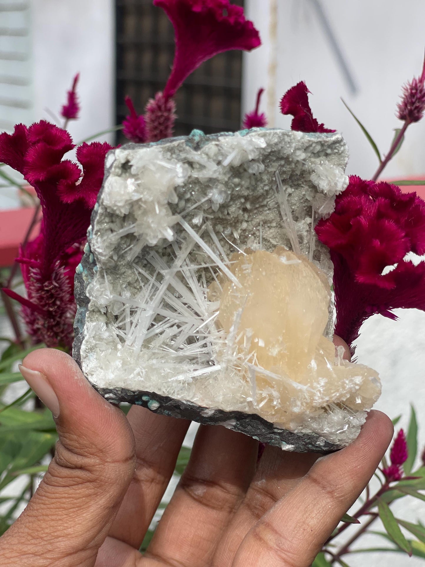 Exquisite Scolecite Sprays on Peach Stilbite with Heulandite Matrix