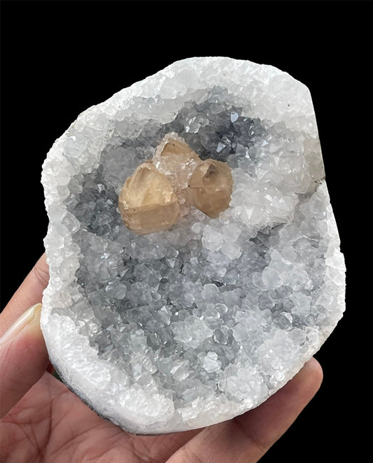 Golden 3 calcite formation on blue chalcedony base