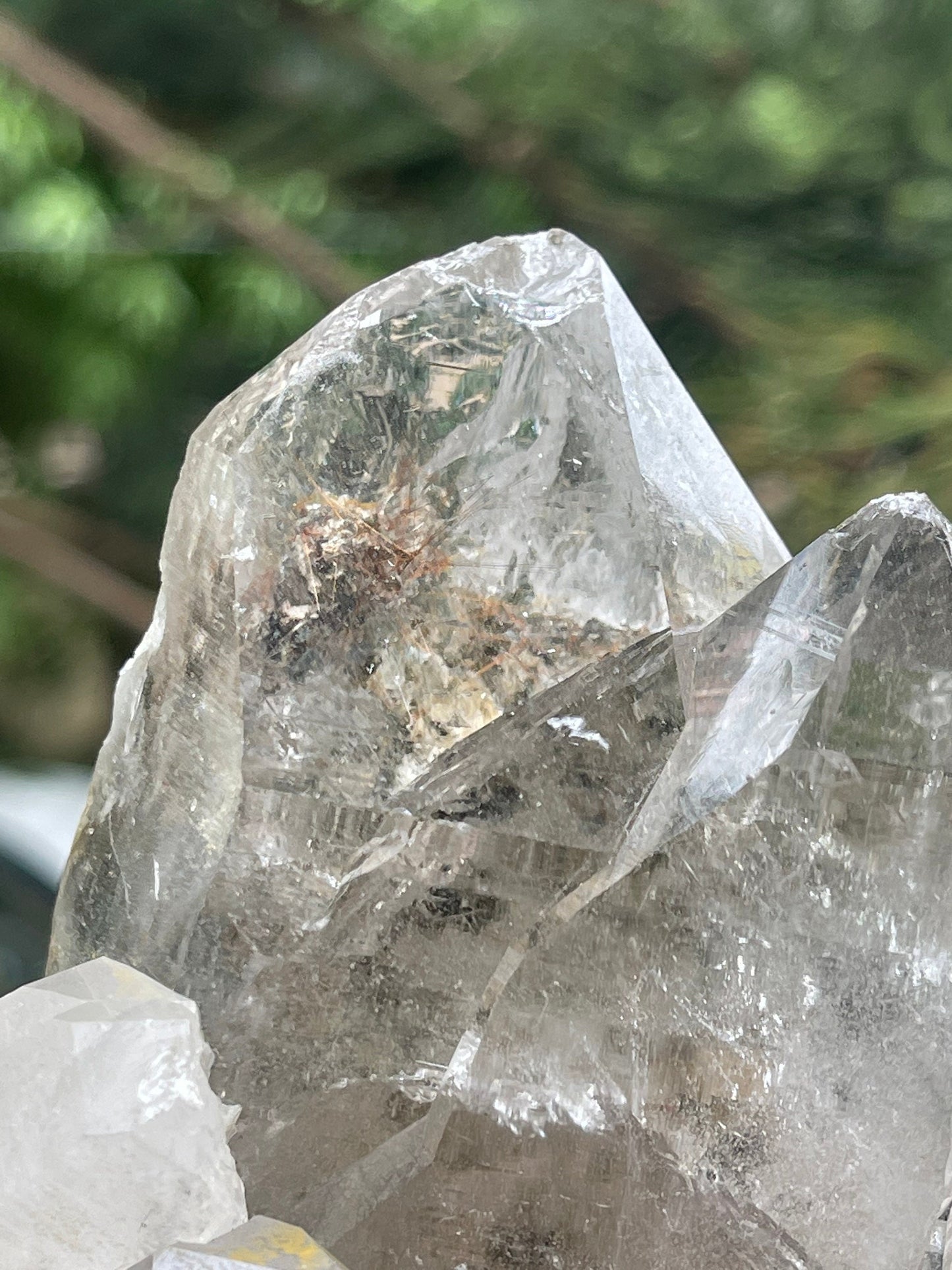 Twin clear cathedral Himalayan quartz with golden rutile