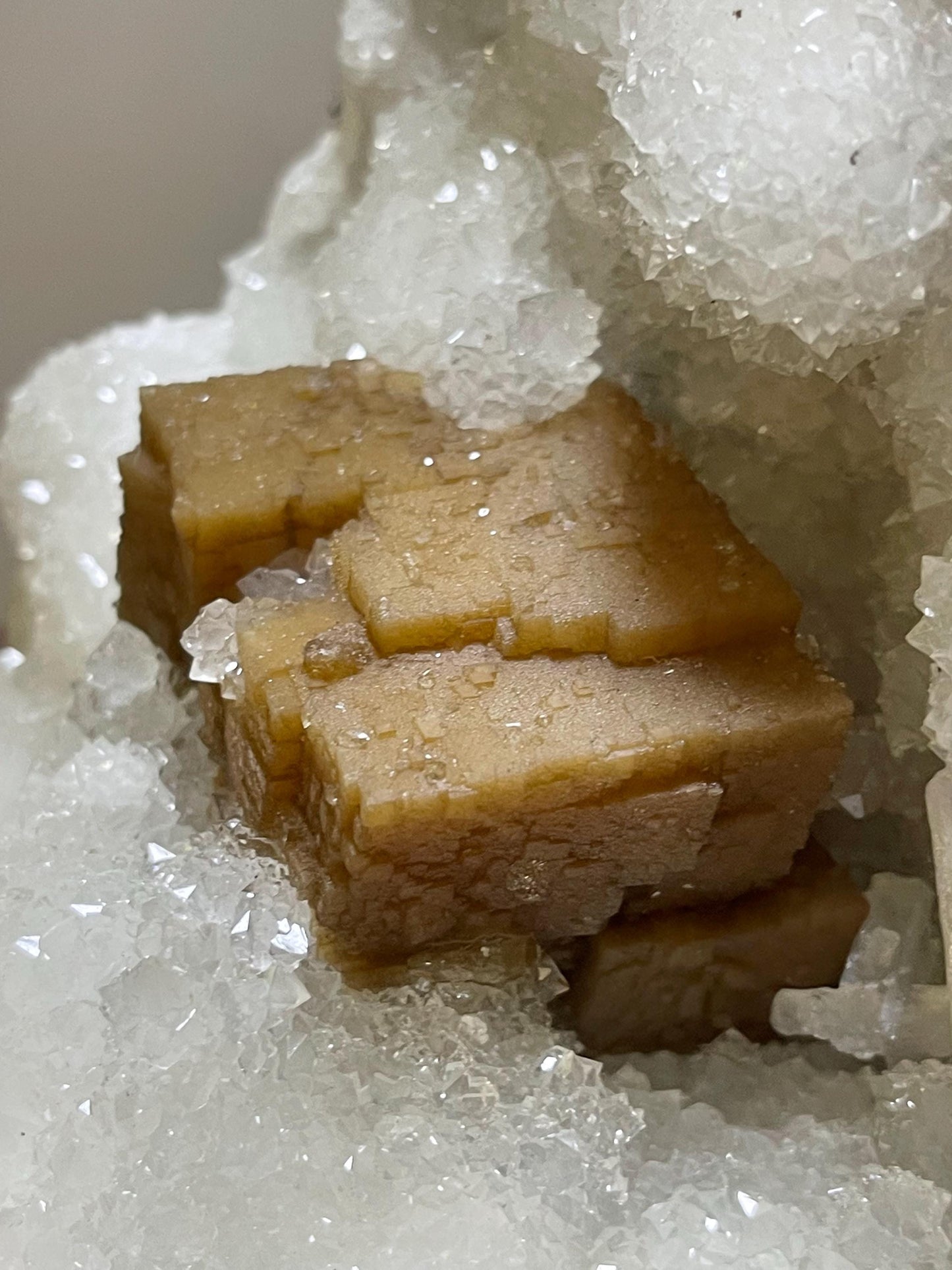 rare find. brown cubical calcite crystal with stilbite petals on quartz matrix