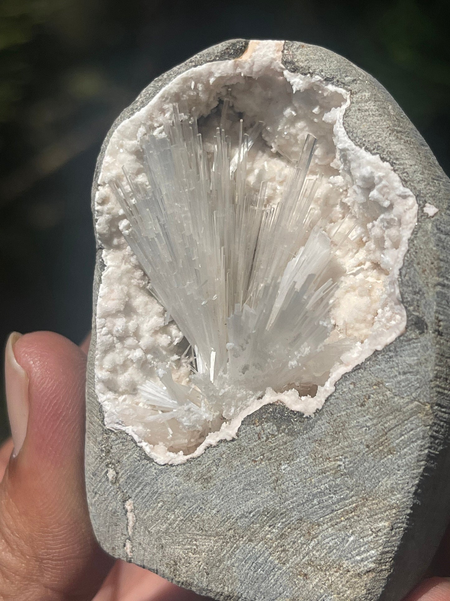 Scolecite pray inside geode