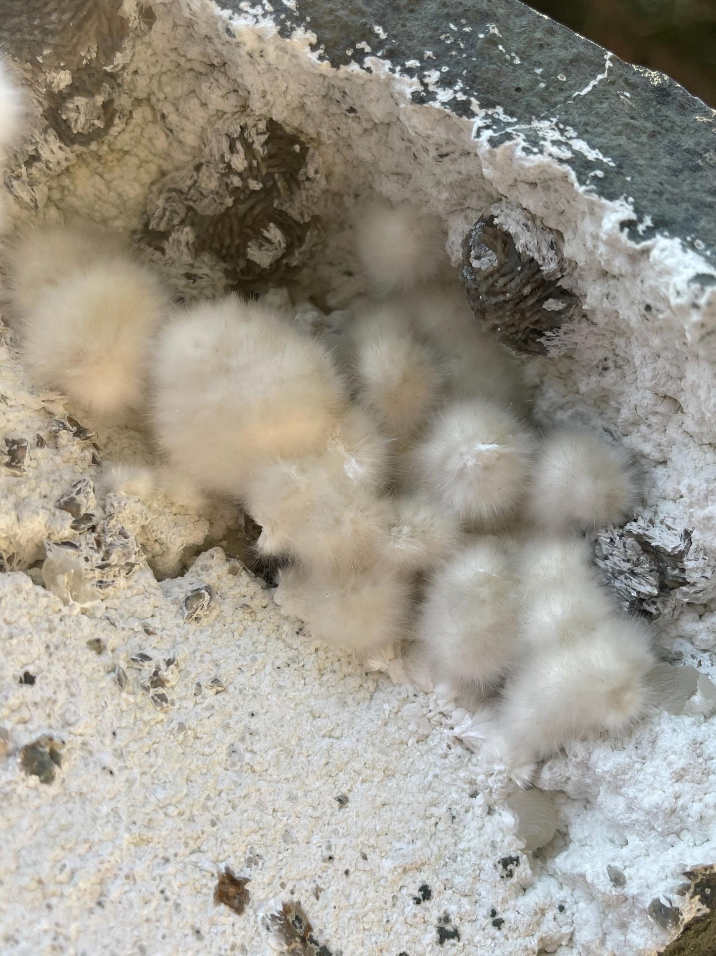 multiple okenite balls inside geode