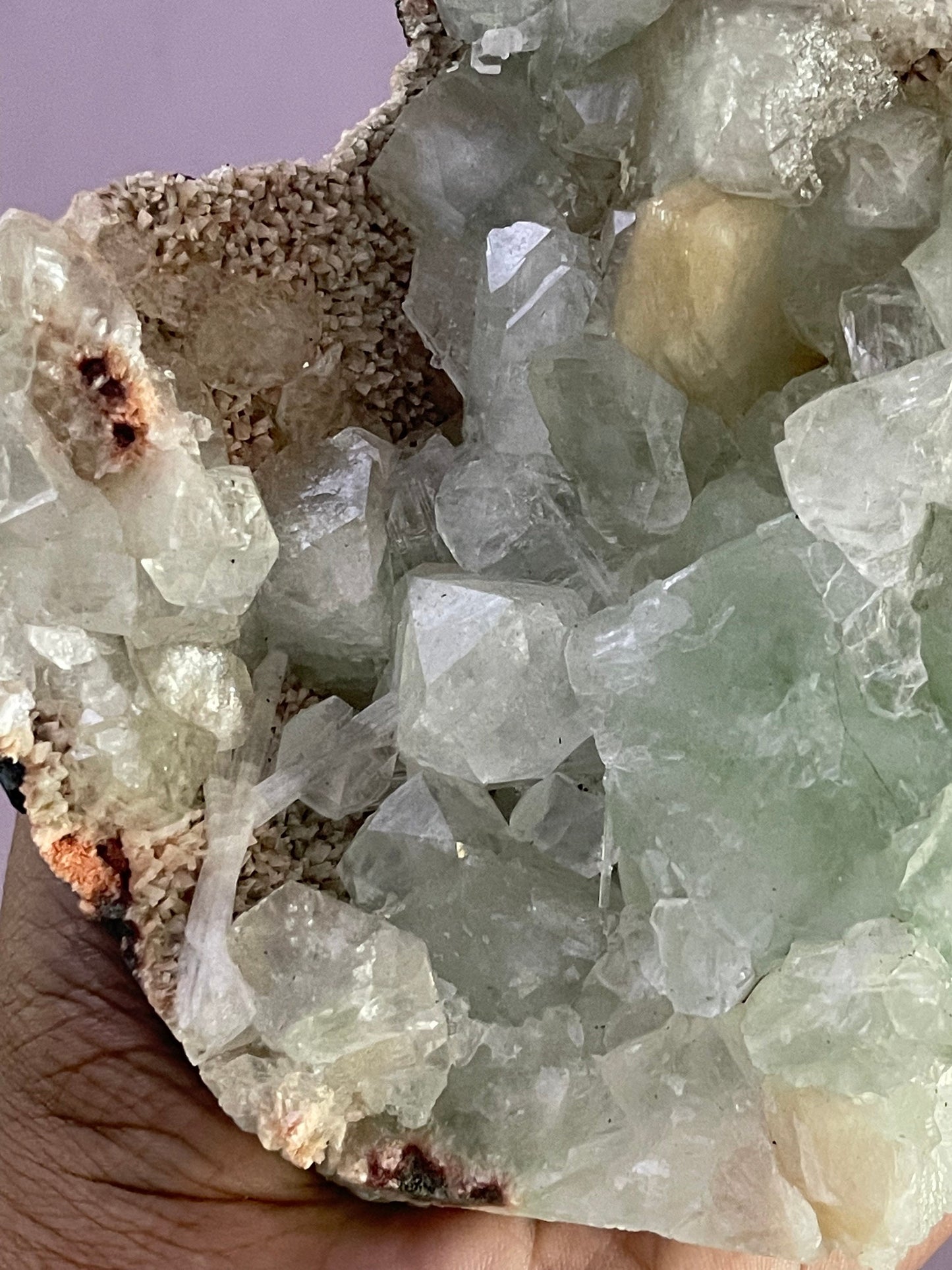 Green apophyllite with stilbite and scolecite on heulandite matrix