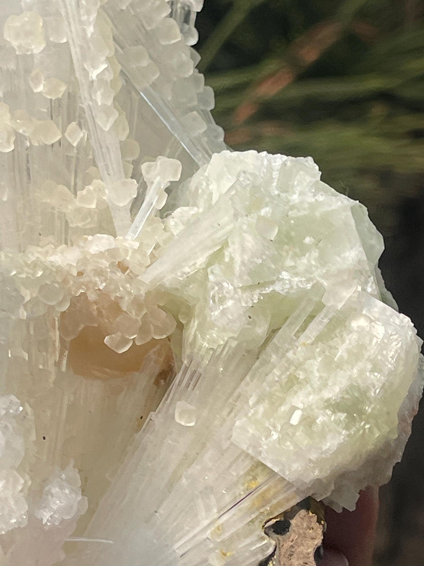 Combination of calcite/stilbite/green apophyllite on scolecite crystal
