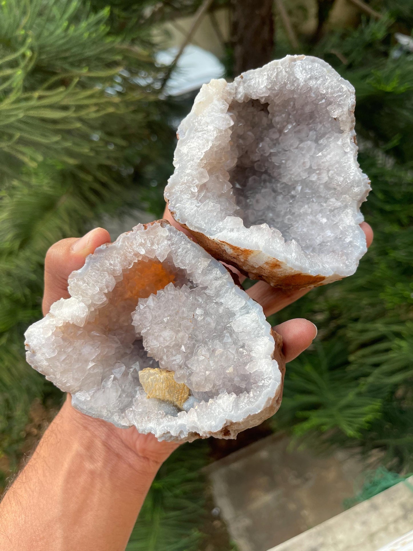 Calcite crystal inside quartz geode
