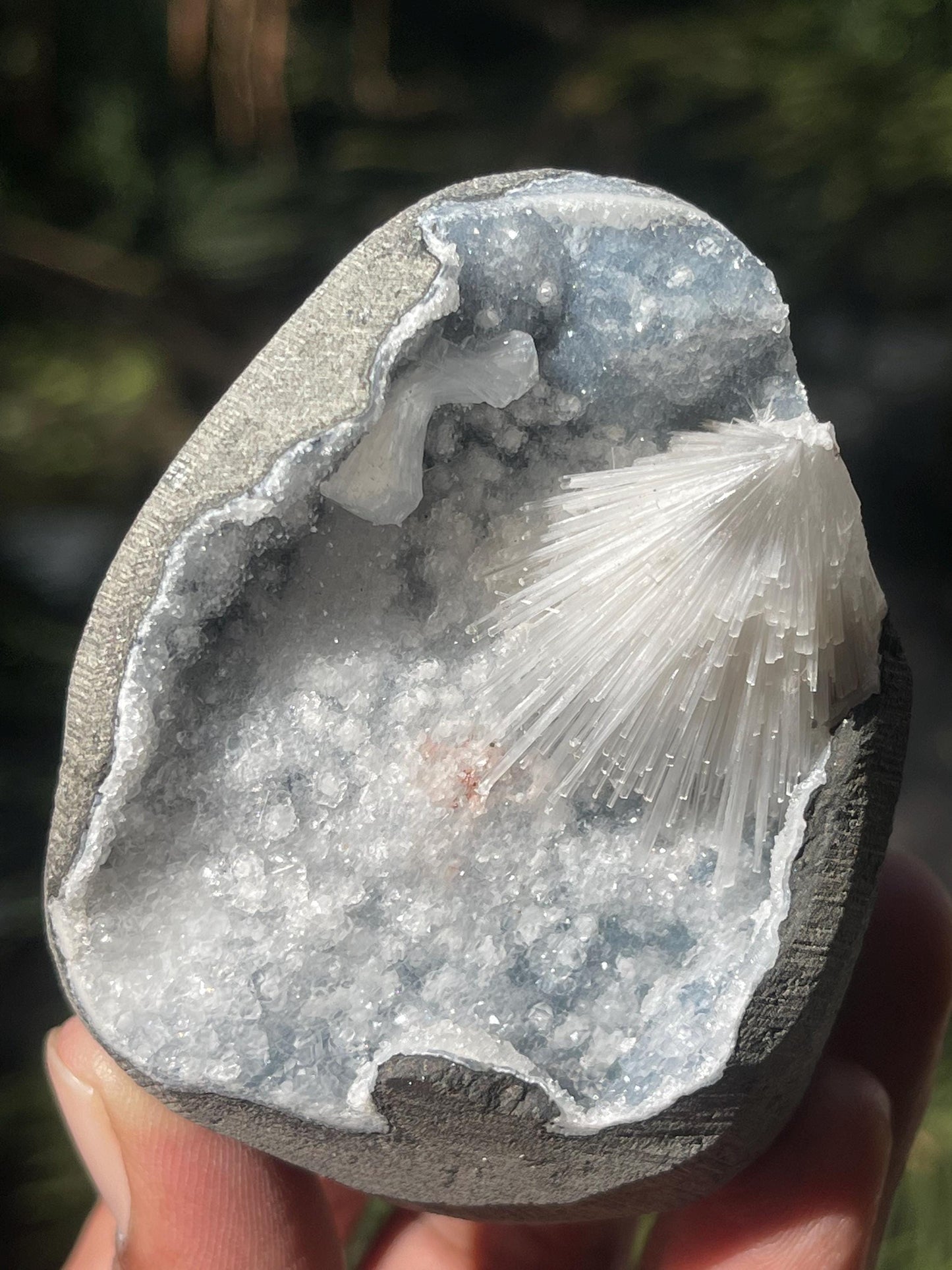 Scolecite flower on blue quartz