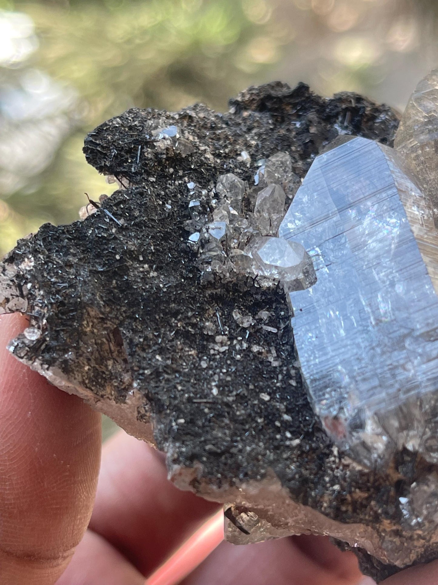 twice Himalayan quartz crystal on black rutile matrix rare find