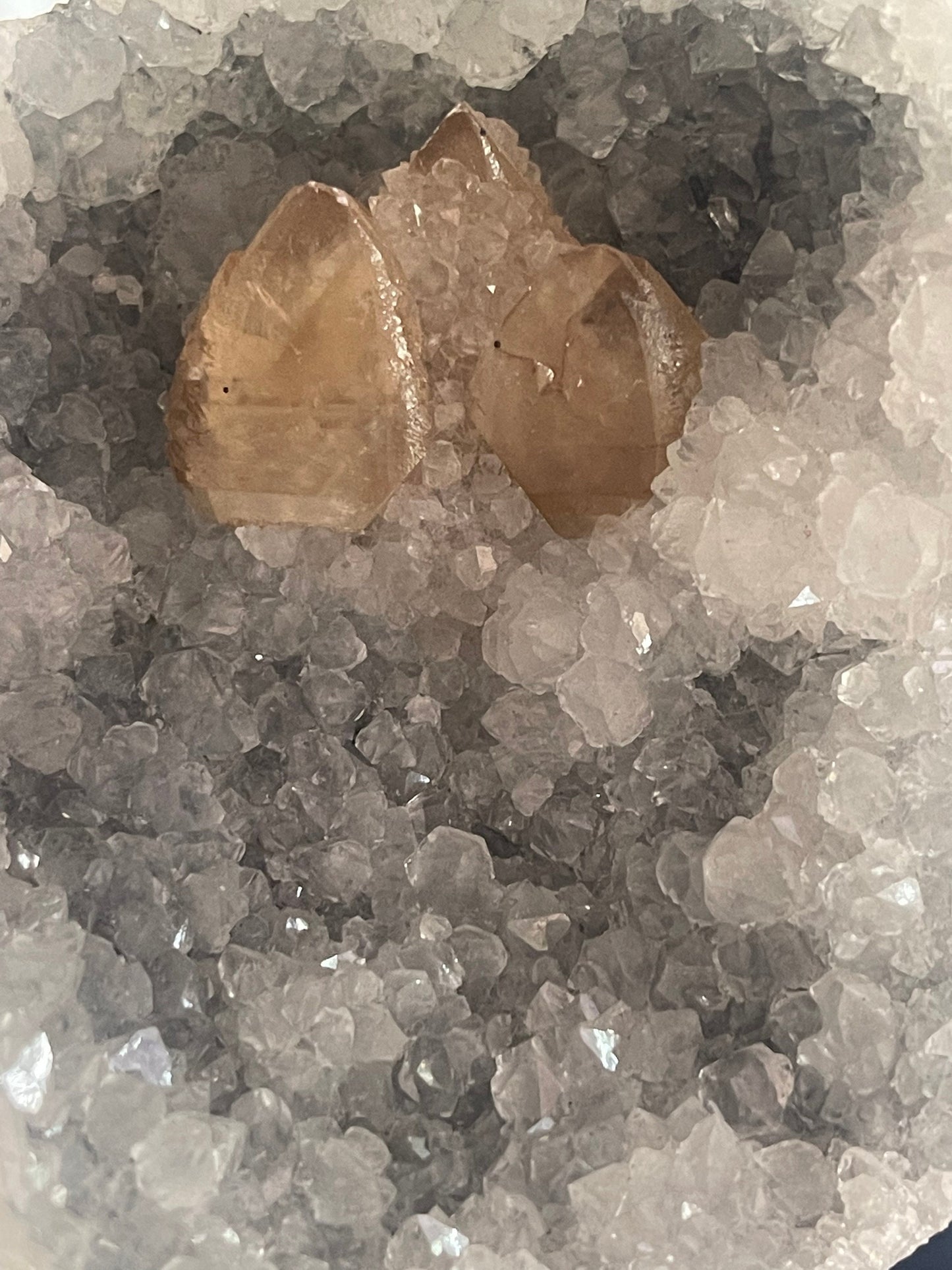 Golden 3 calcite formation on blue chalcedony base