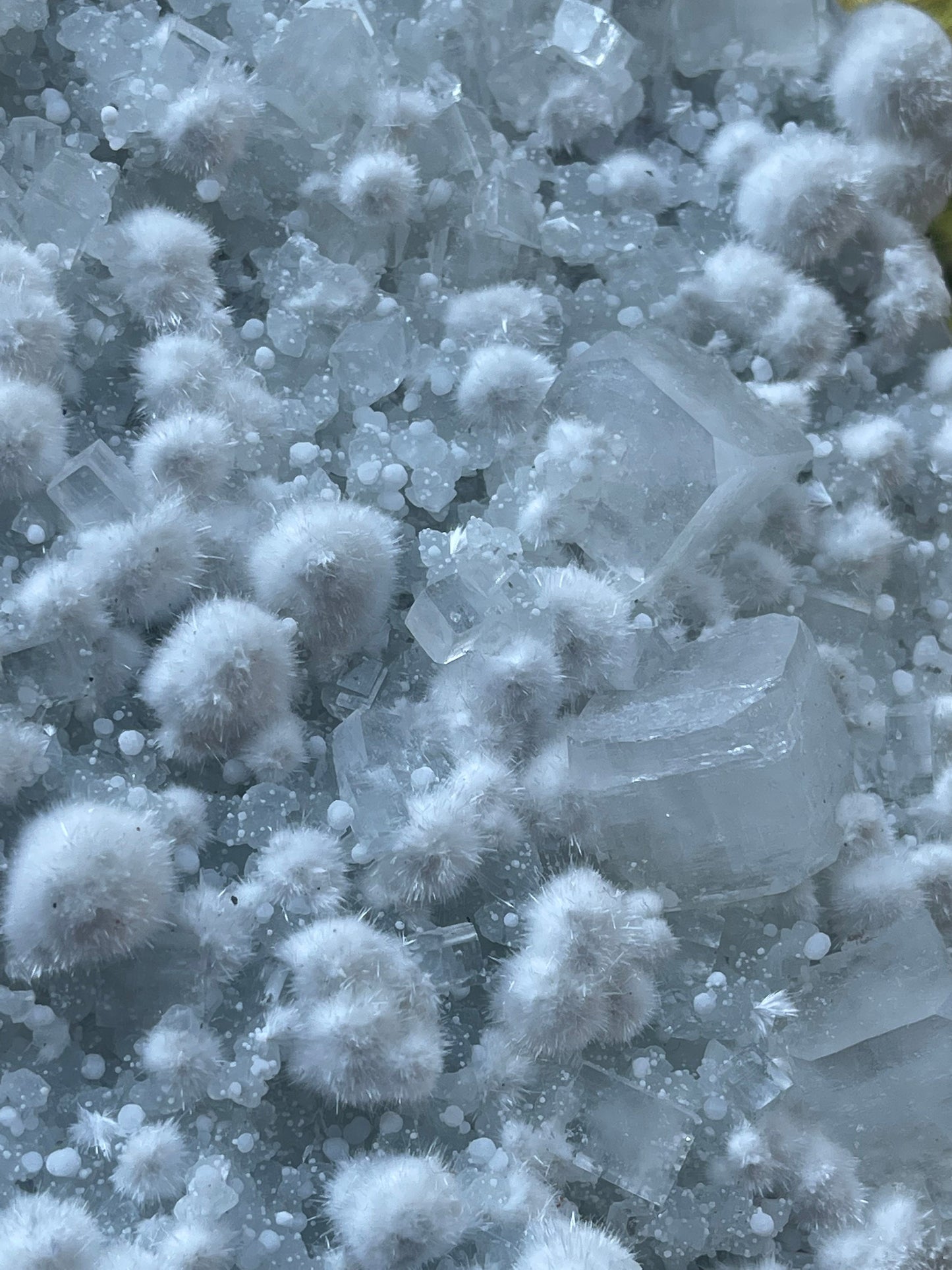 Multiple okenite balls with apophyllite crystal natural specimen