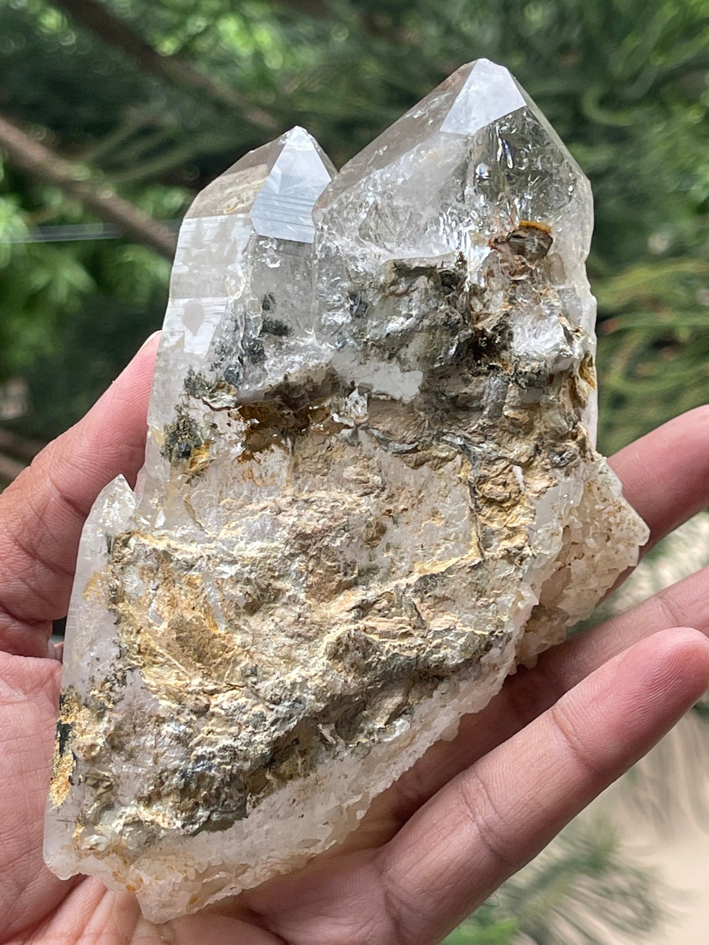 Twin clear cathedral Himalayan quartz with golden rutile