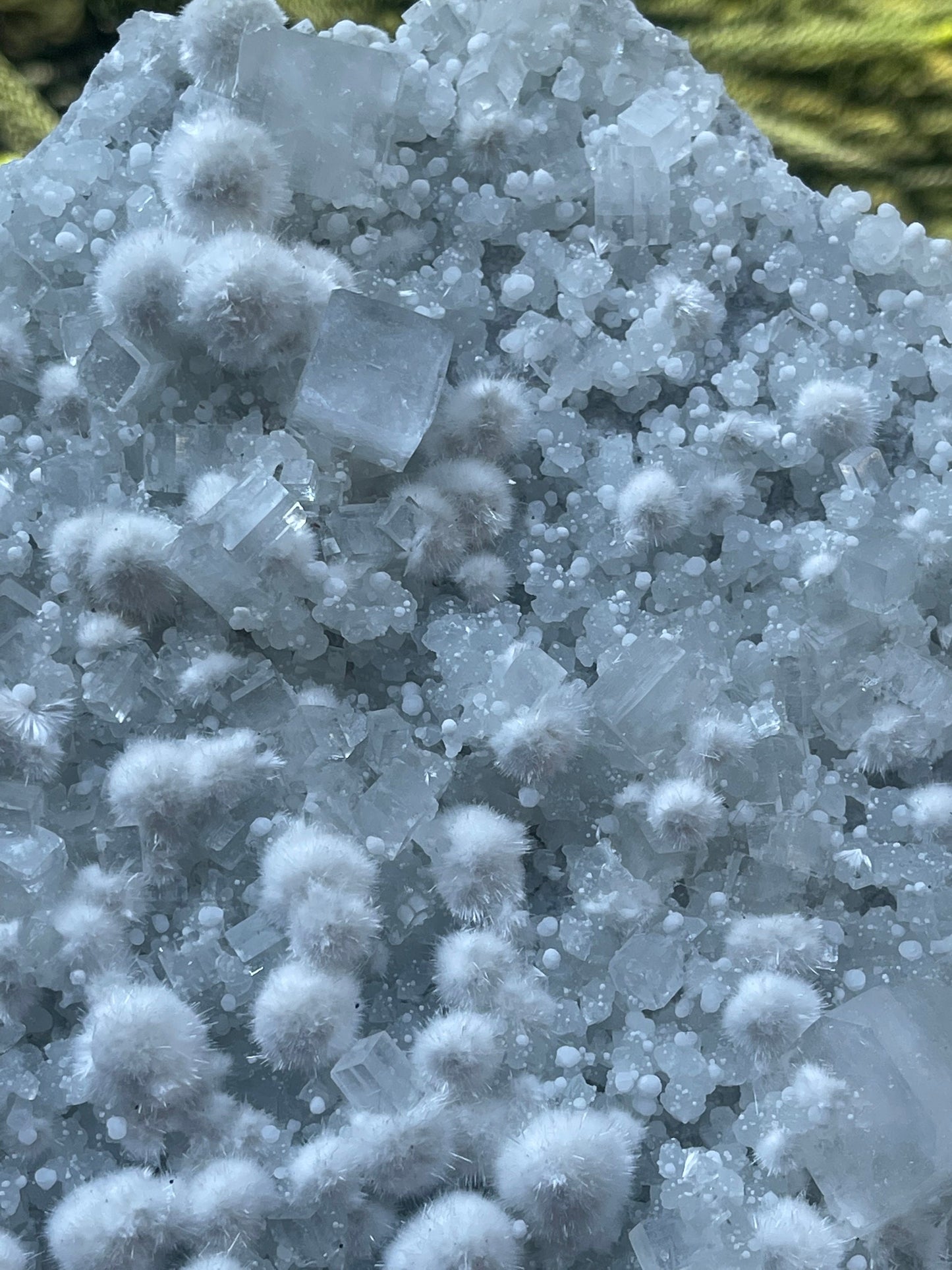 Multiple okenite balls with apophyllite crystal natural specimen