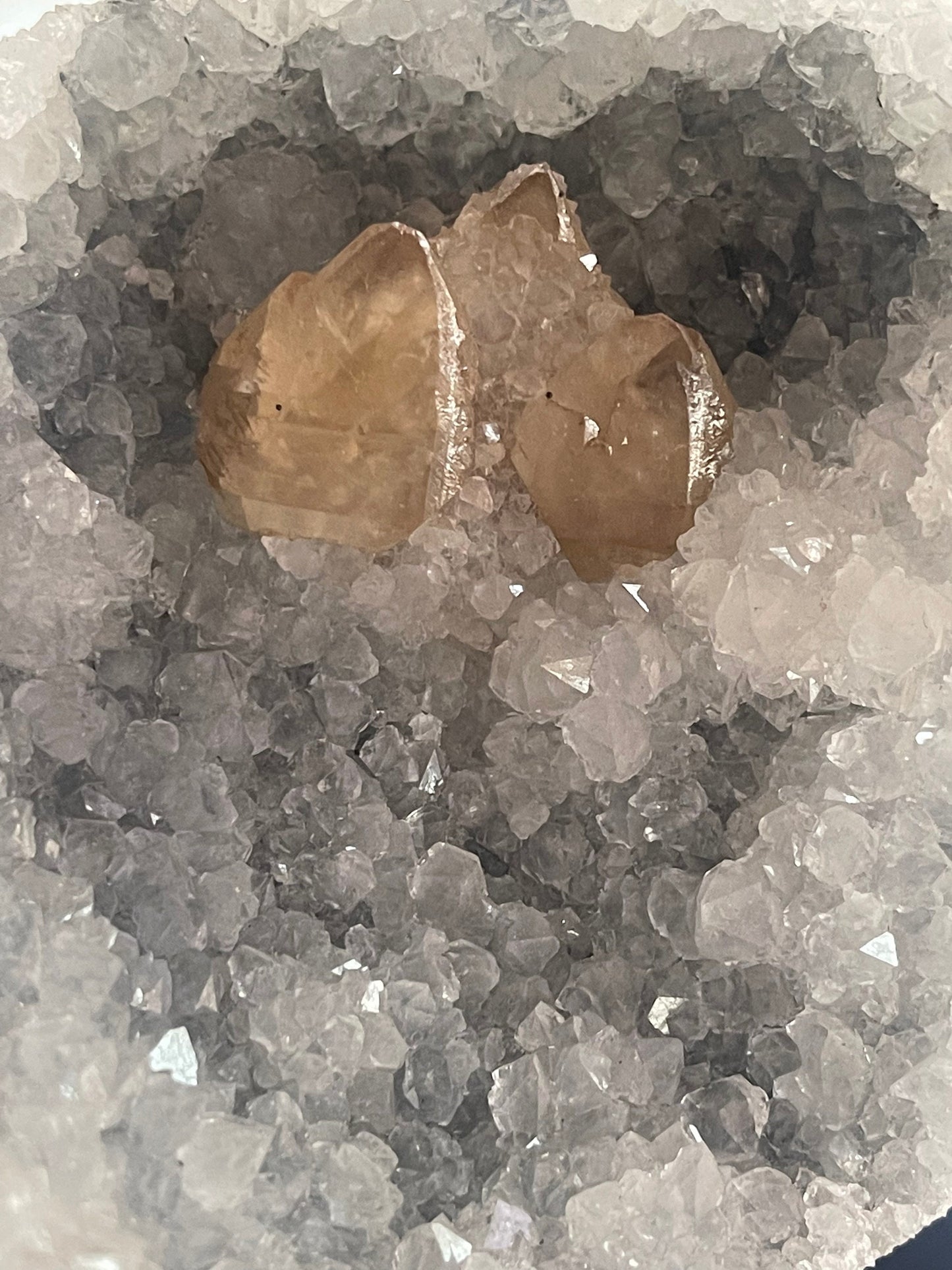 Golden 3 calcite formation on blue chalcedony base