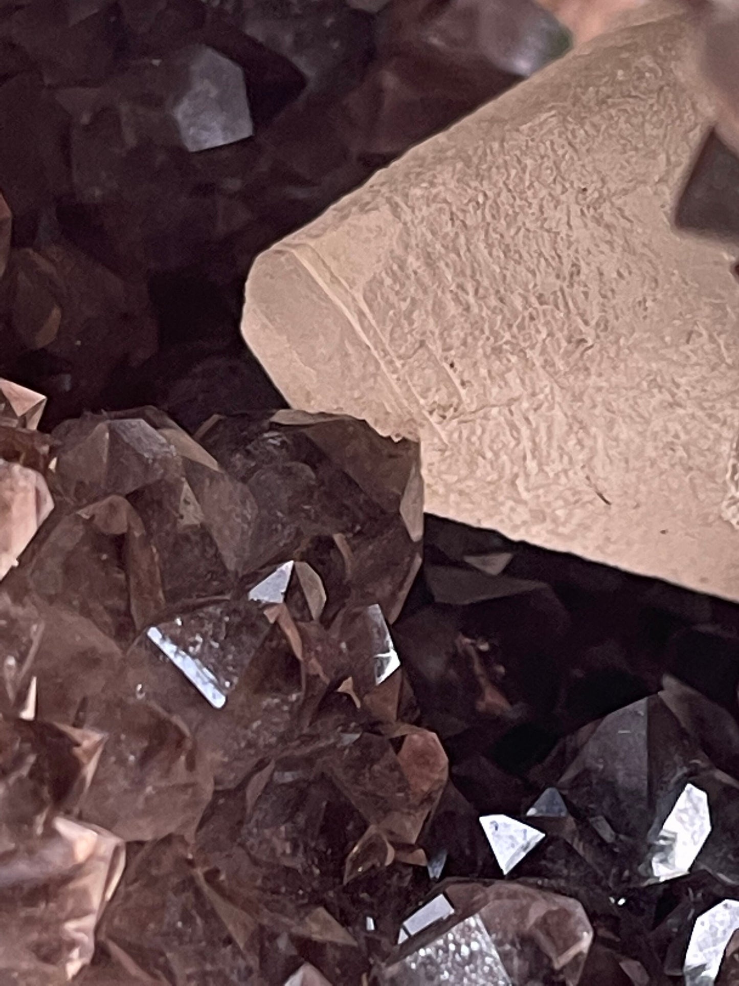 Rare formation of calcite crystal on amethyst natural specimen