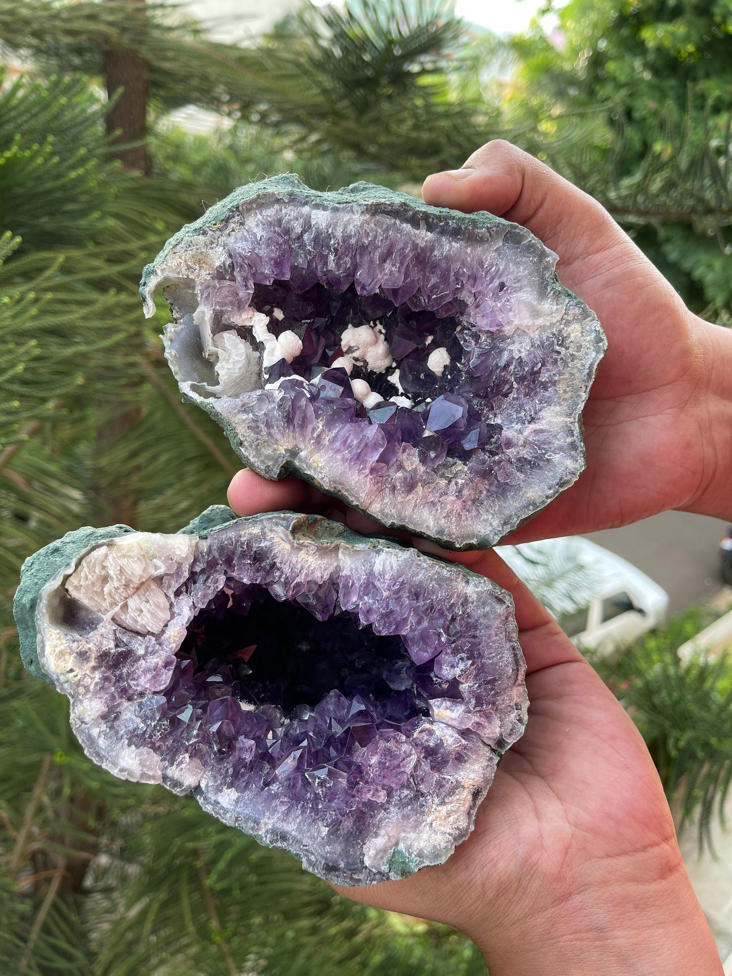 Natural amethyst geode with Okenite.