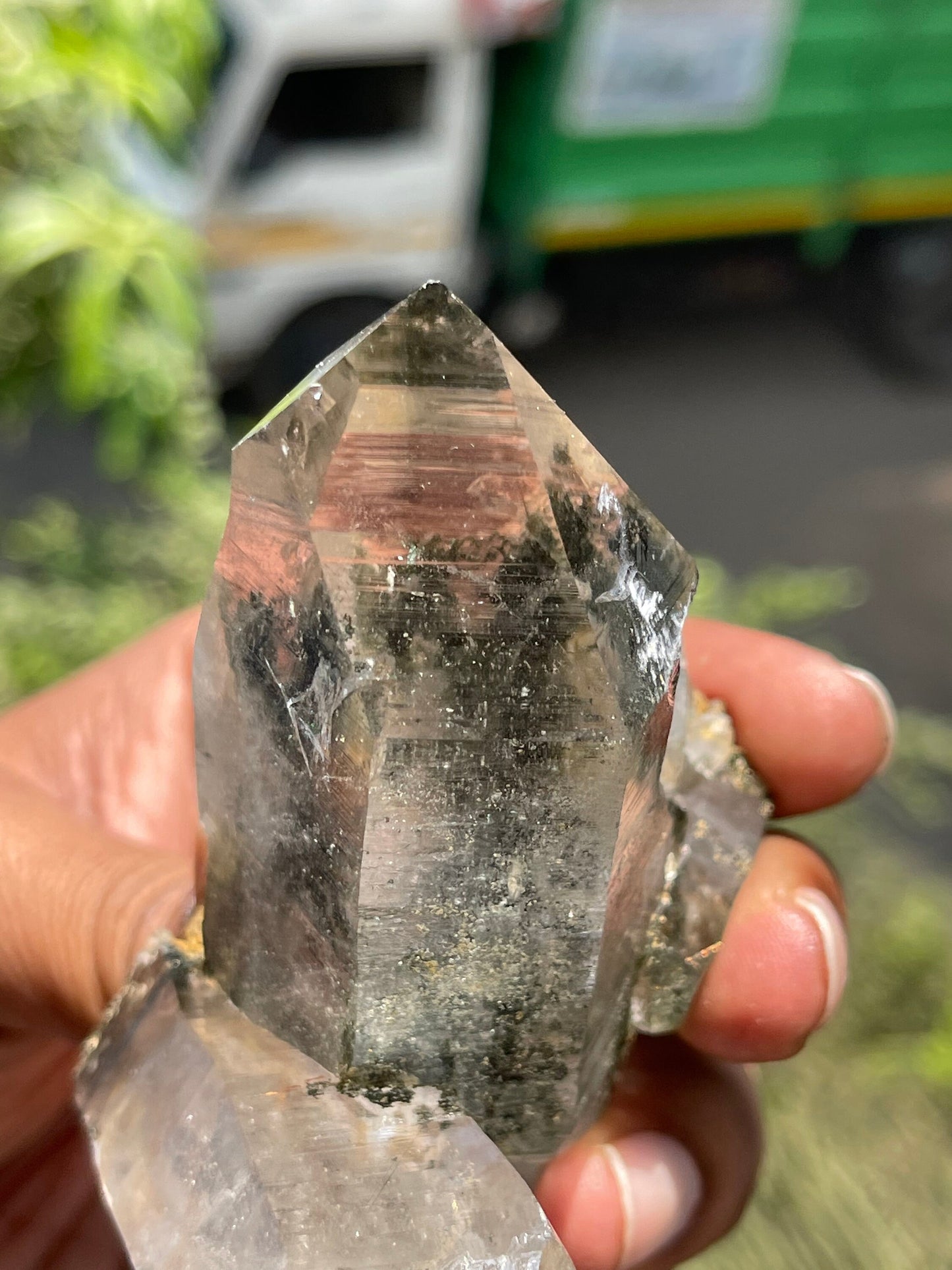 Twin Himalayan Chlorite Quartz Crystal with golden rutile