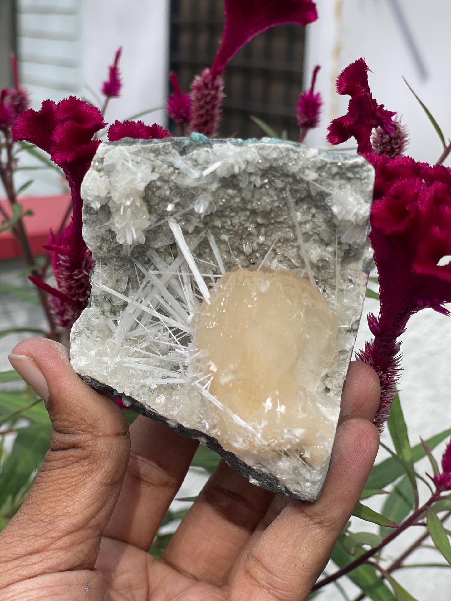 Exquisite Scolecite Sprays on Peach Stilbite with Heulandite Matrix