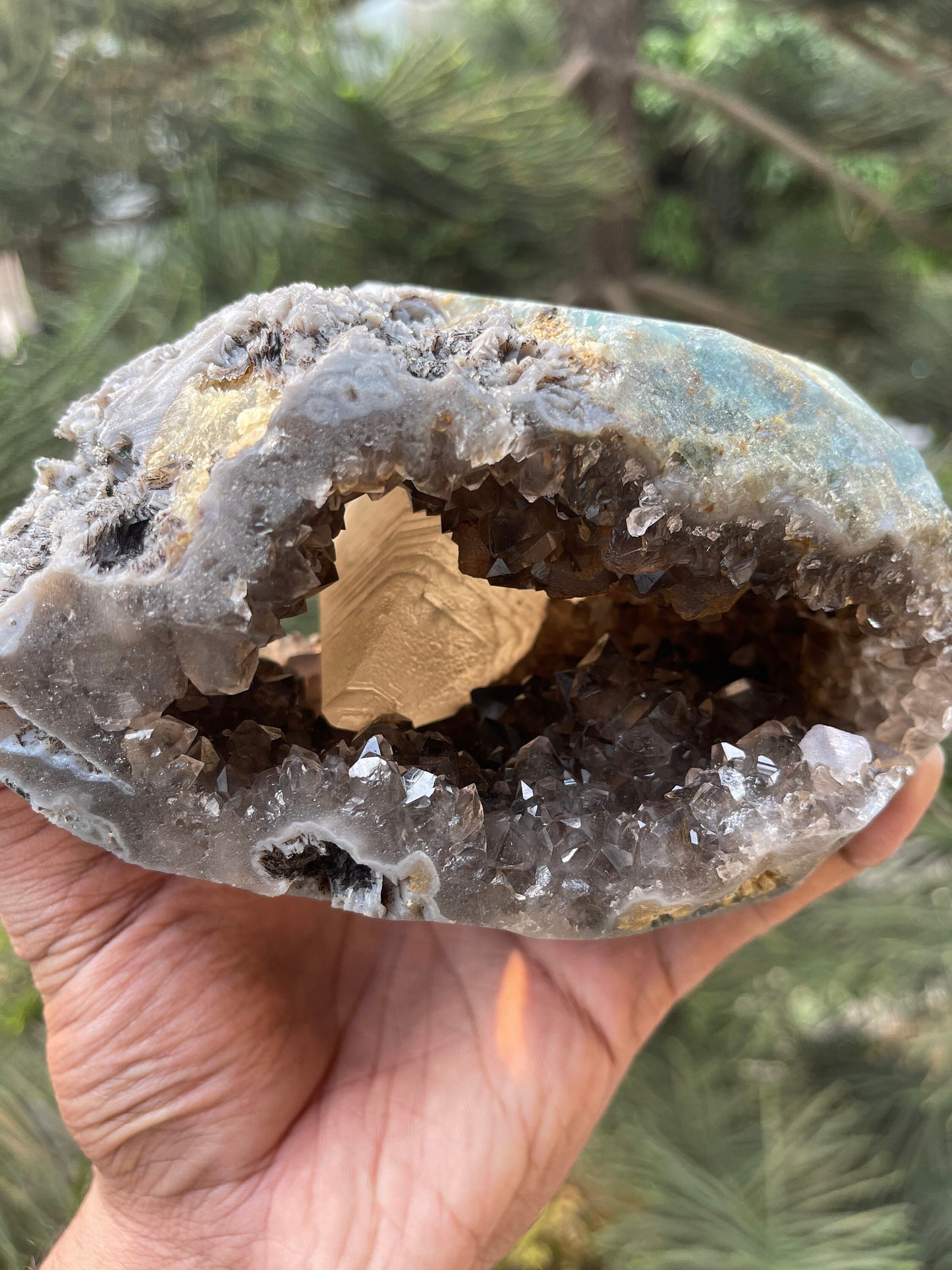 Rare formation of calcite crystal on amethyst natural specimen
