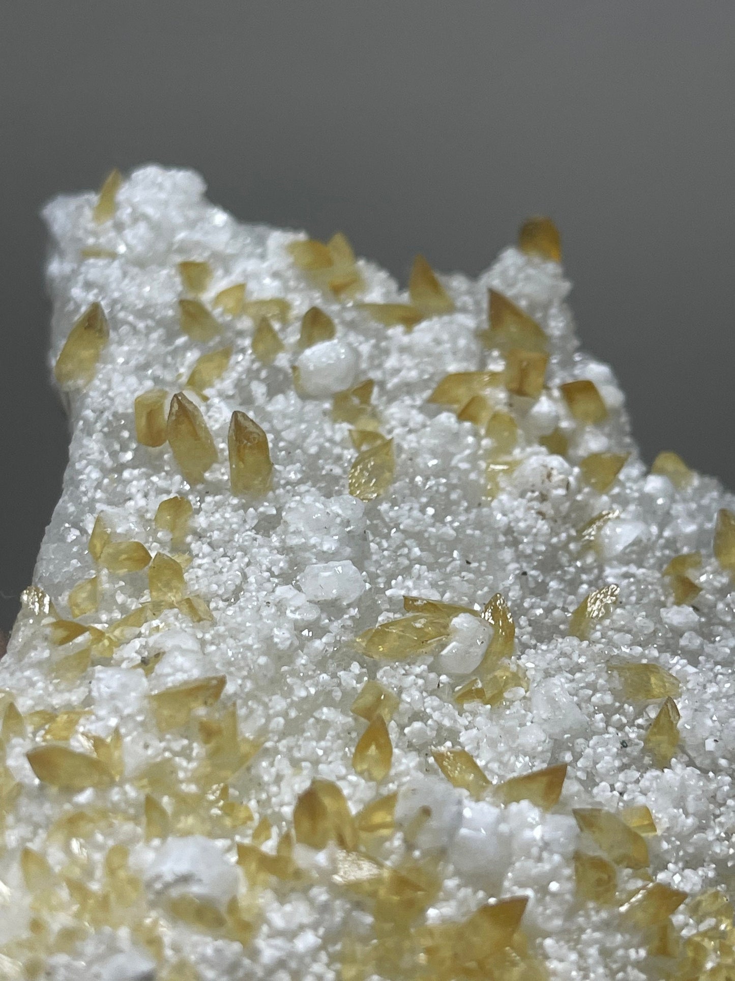 Shiney golden calcite crystal on chalcedony base