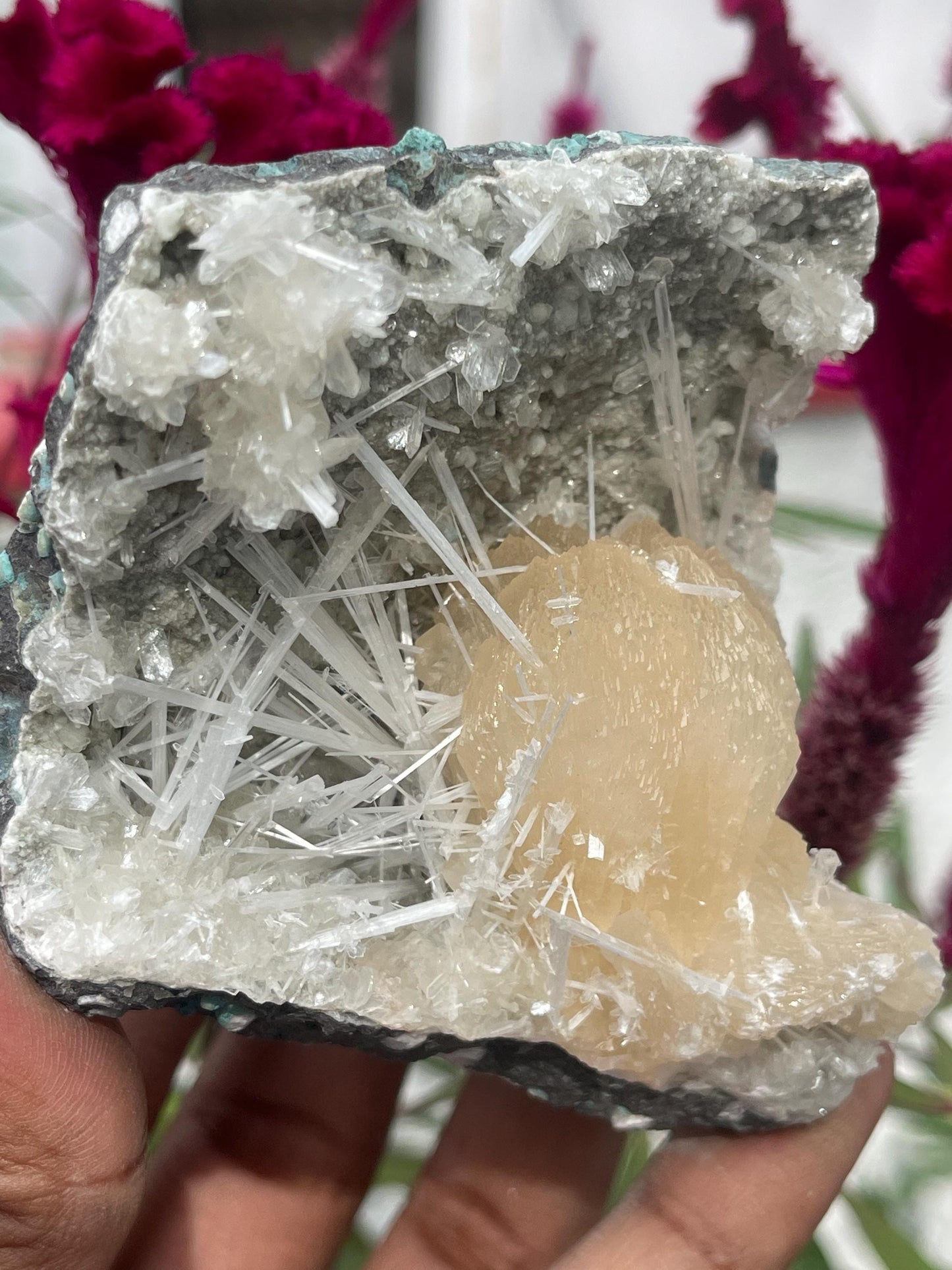Exquisite Scolecite Sprays on Peach Stilbite with Heulandite Matrix
