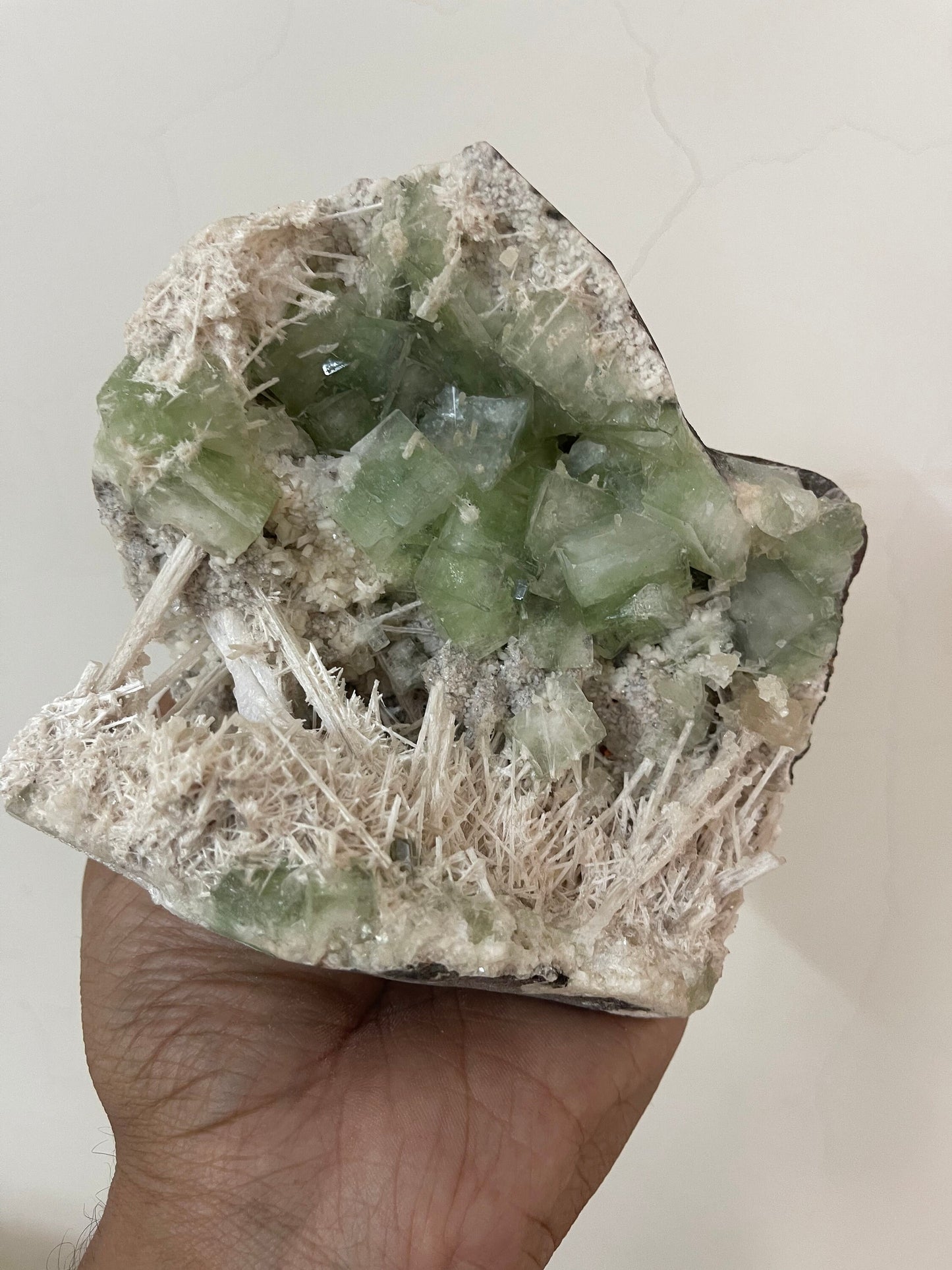 Green apophyllite crystal with scolecite sprays base geode