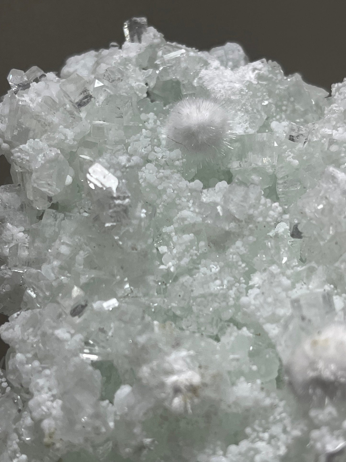 Okenite ball on green prehnite with apophyllite