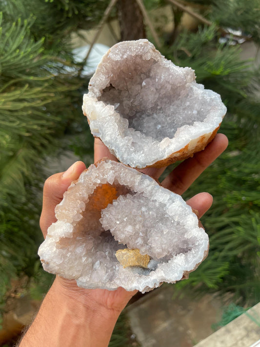 Calcite crystal inside quartz geode