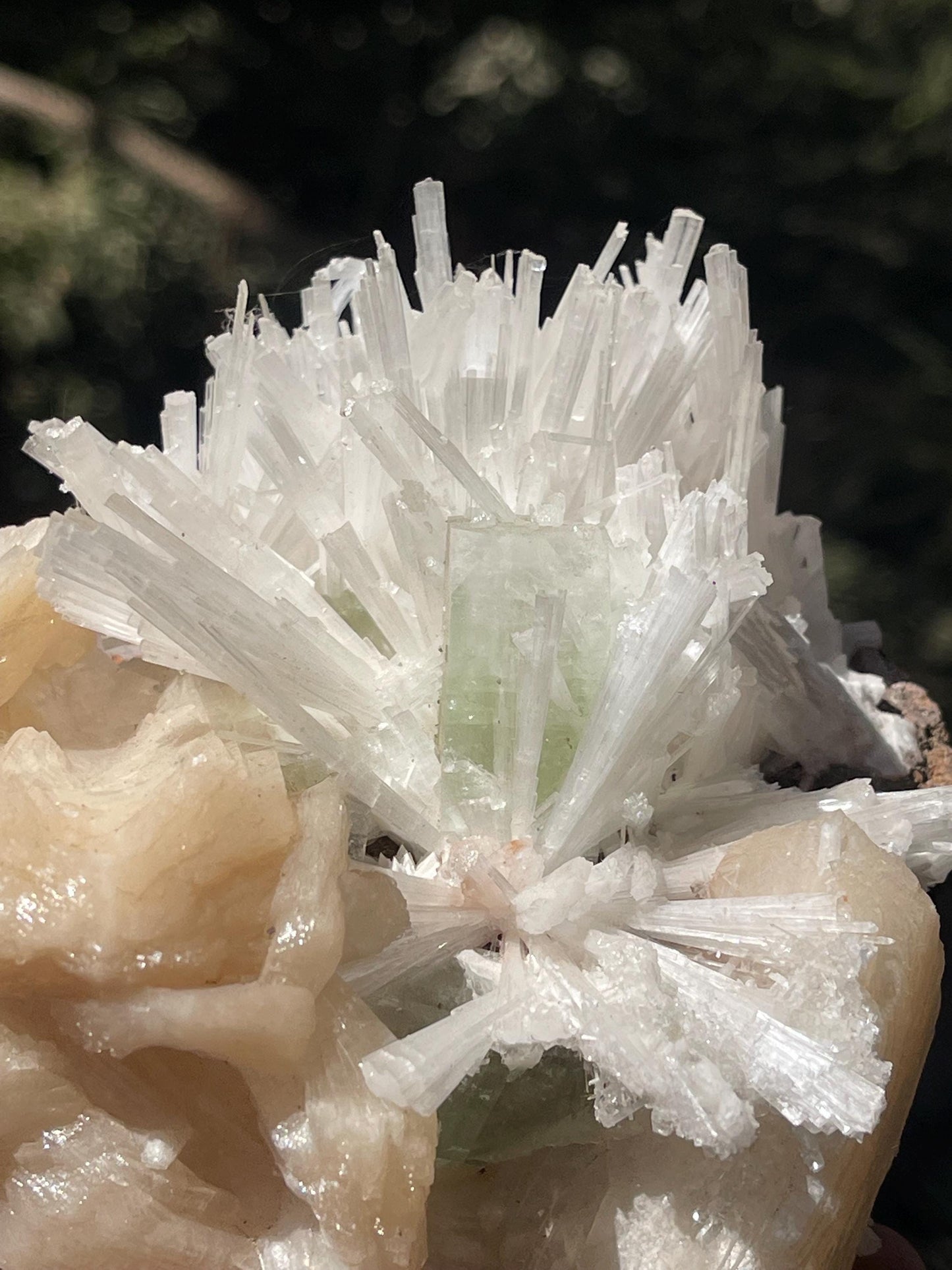 Green Apophyllite crystal  on Scolecite Flower with Peach Stilbite