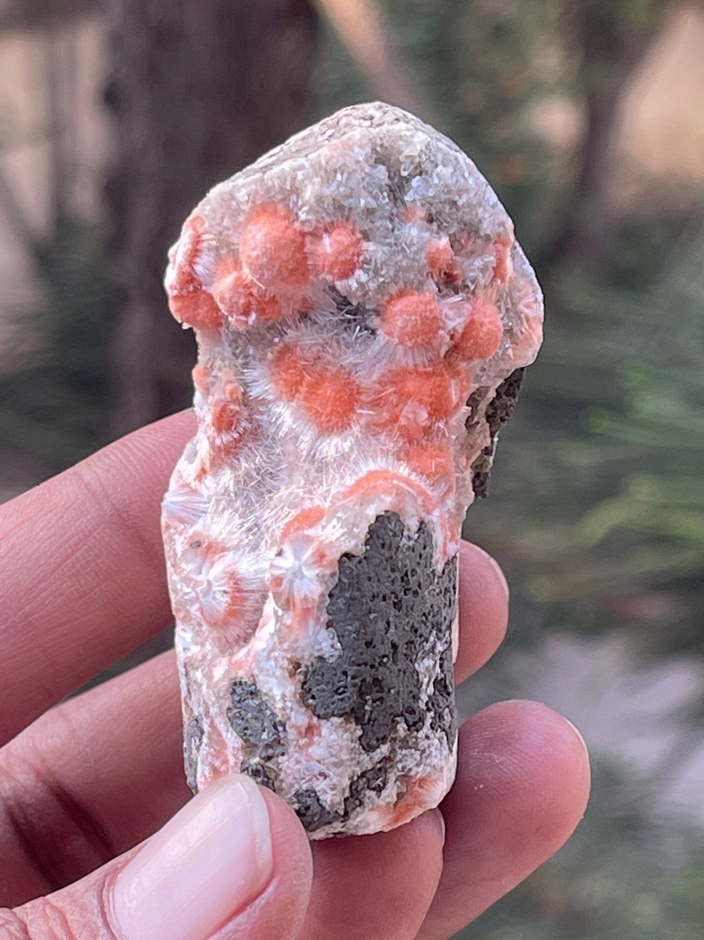 Orange mesolite balls on heulandite matrix