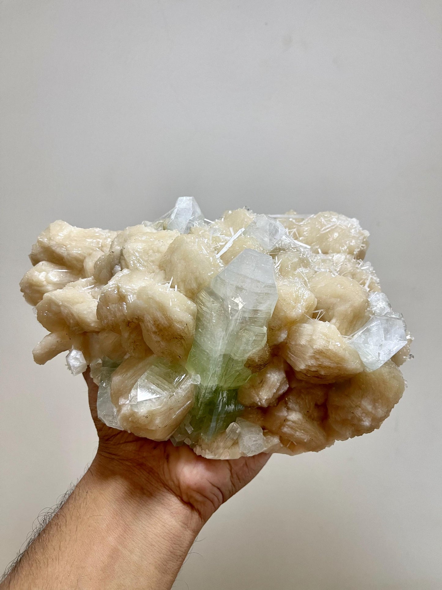 Large Green Apophyllite crystal Perfectly Paired with Peach Stilbite