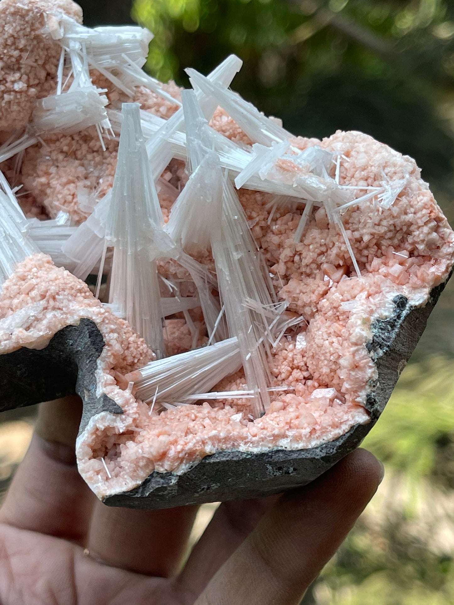Multiple scolecite sprays on orange heulandite matrix natural specimen