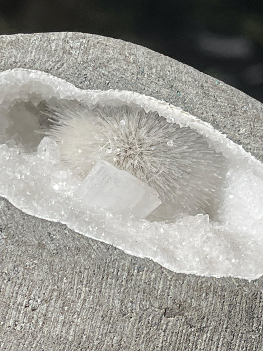 Scolecite flower inside Mm quartz geode