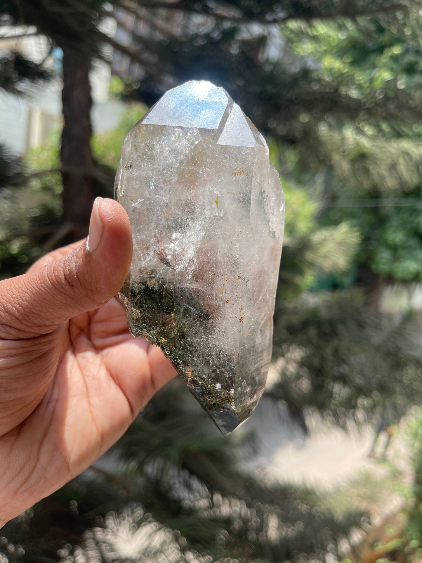 Rare formation.. double terminated of Himalayan quartz crystals with green Chlorite/golden rutile