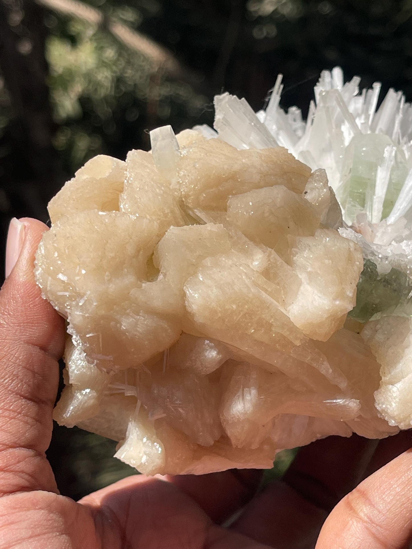 Green Apophyllite crystal  on Scolecite Flower with Peach Stilbite