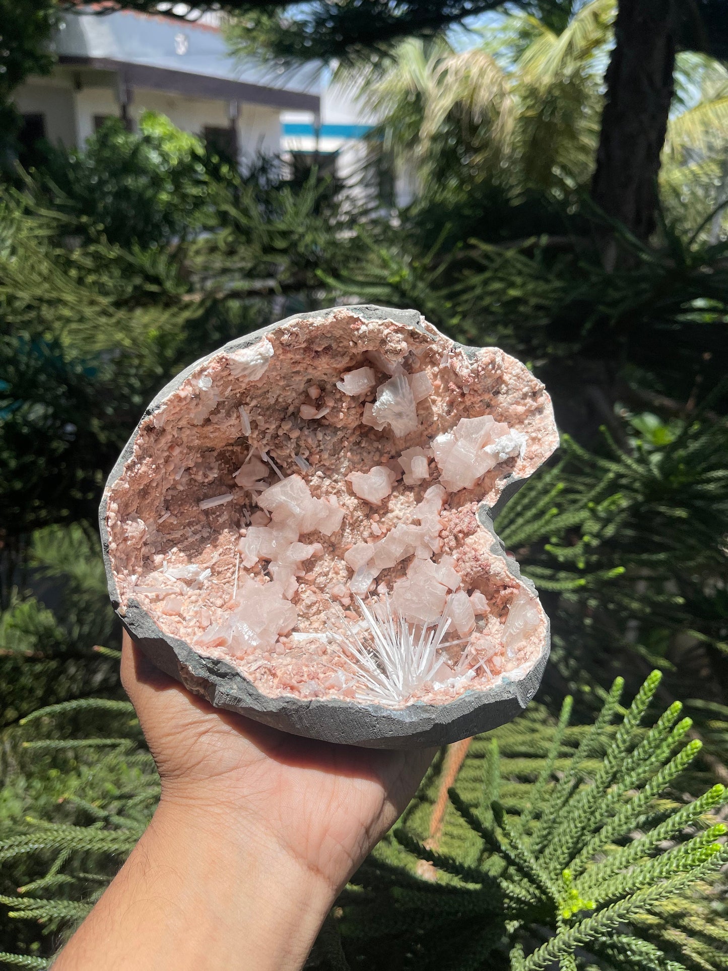 Scolecite spray inside orange heulandite geode