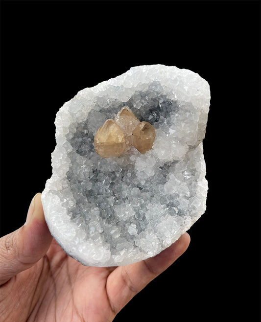 Golden 3 calcite formation on blue chalcedony base