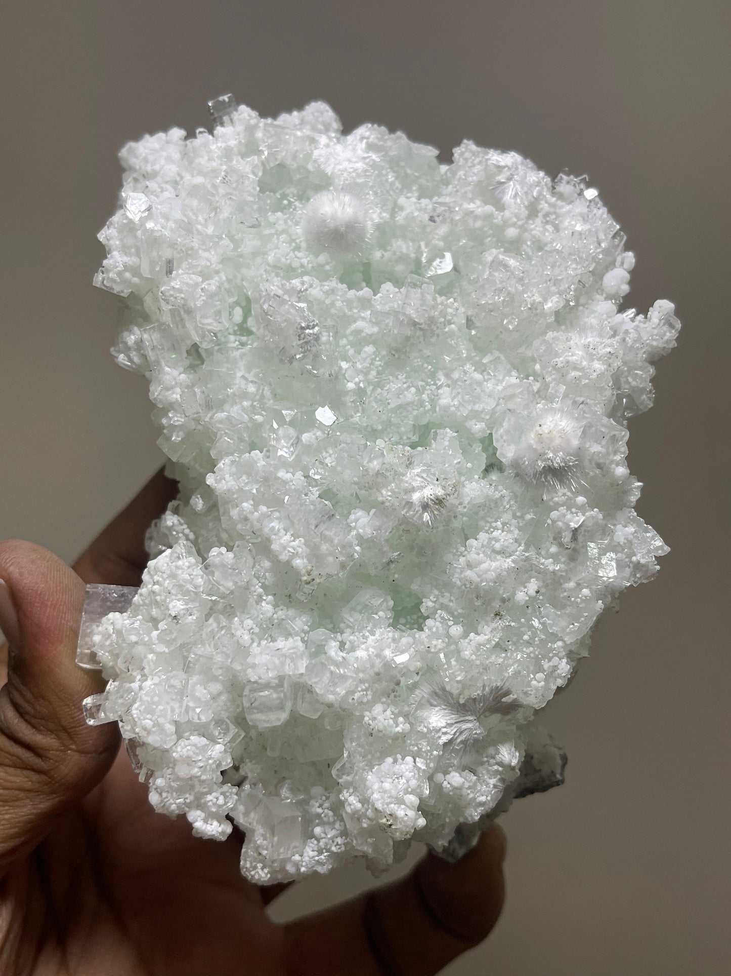 Okenite ball on green prehnite with apophyllite