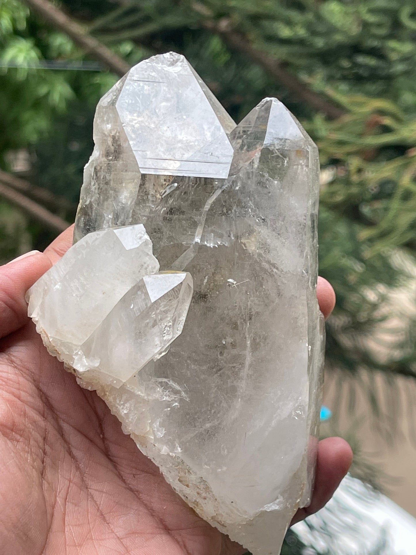 Twin clear cathedral Himalayan quartz with golden rutile