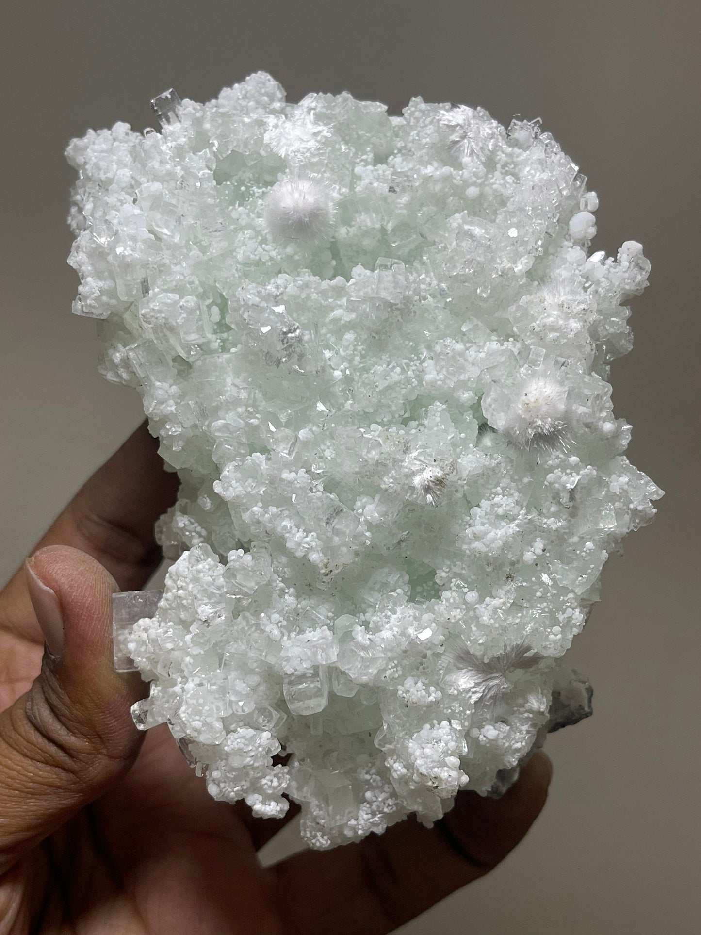 Okenite ball on green prehnite with apophyllite